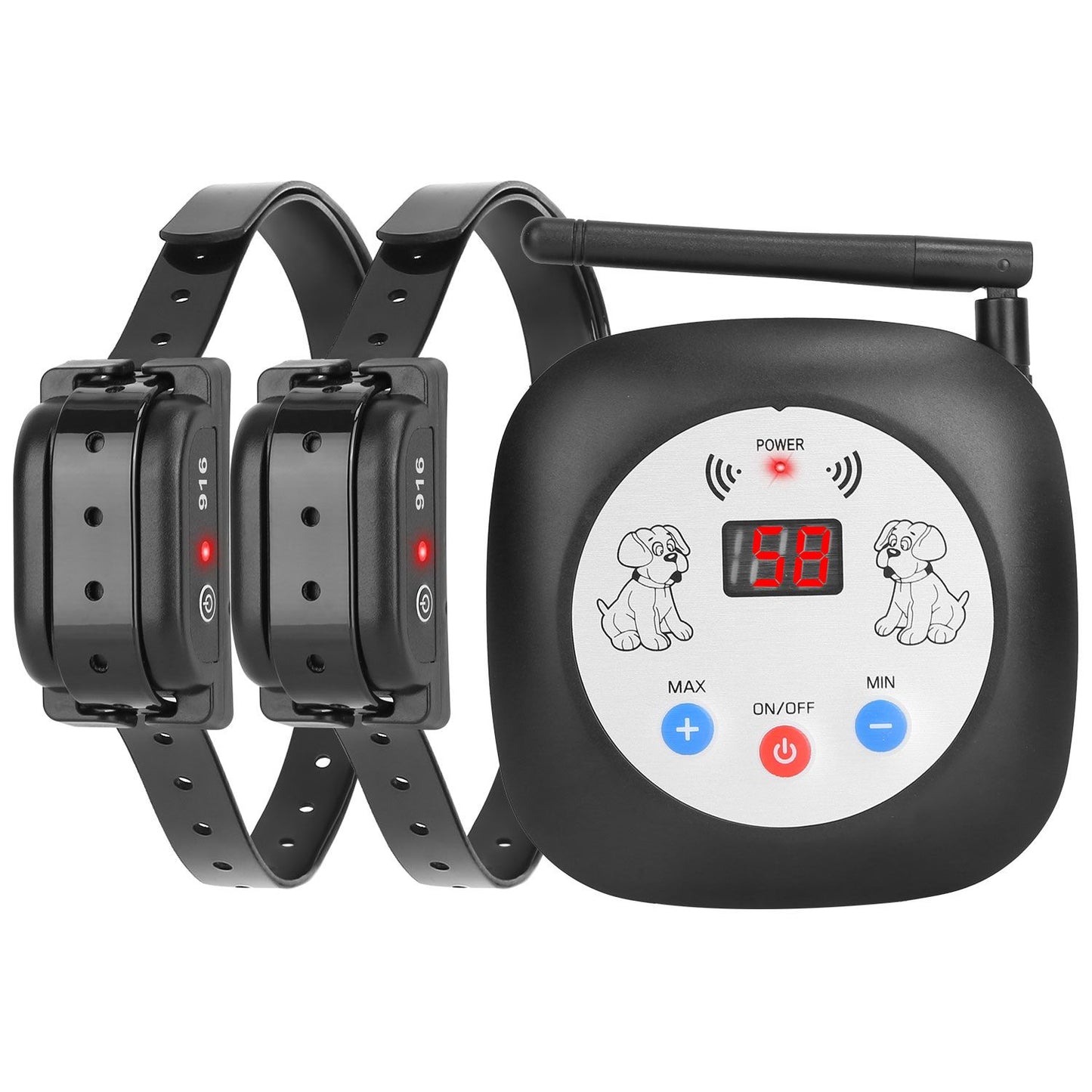 Wireless transmitter with antenna and two black receiver collars shown front view