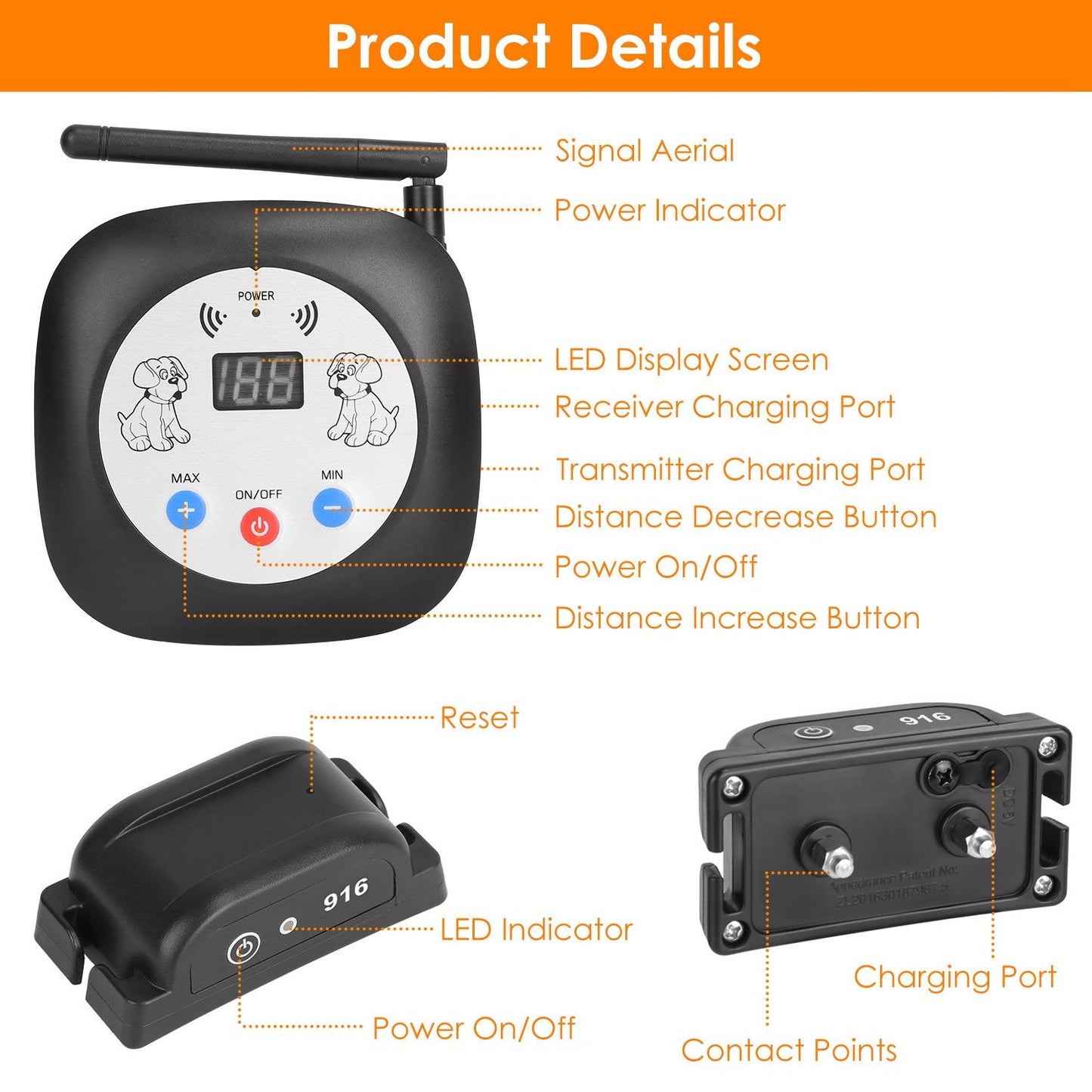 Annotated diagram labeling transmitter aerial, display, buttons and receiver contacts