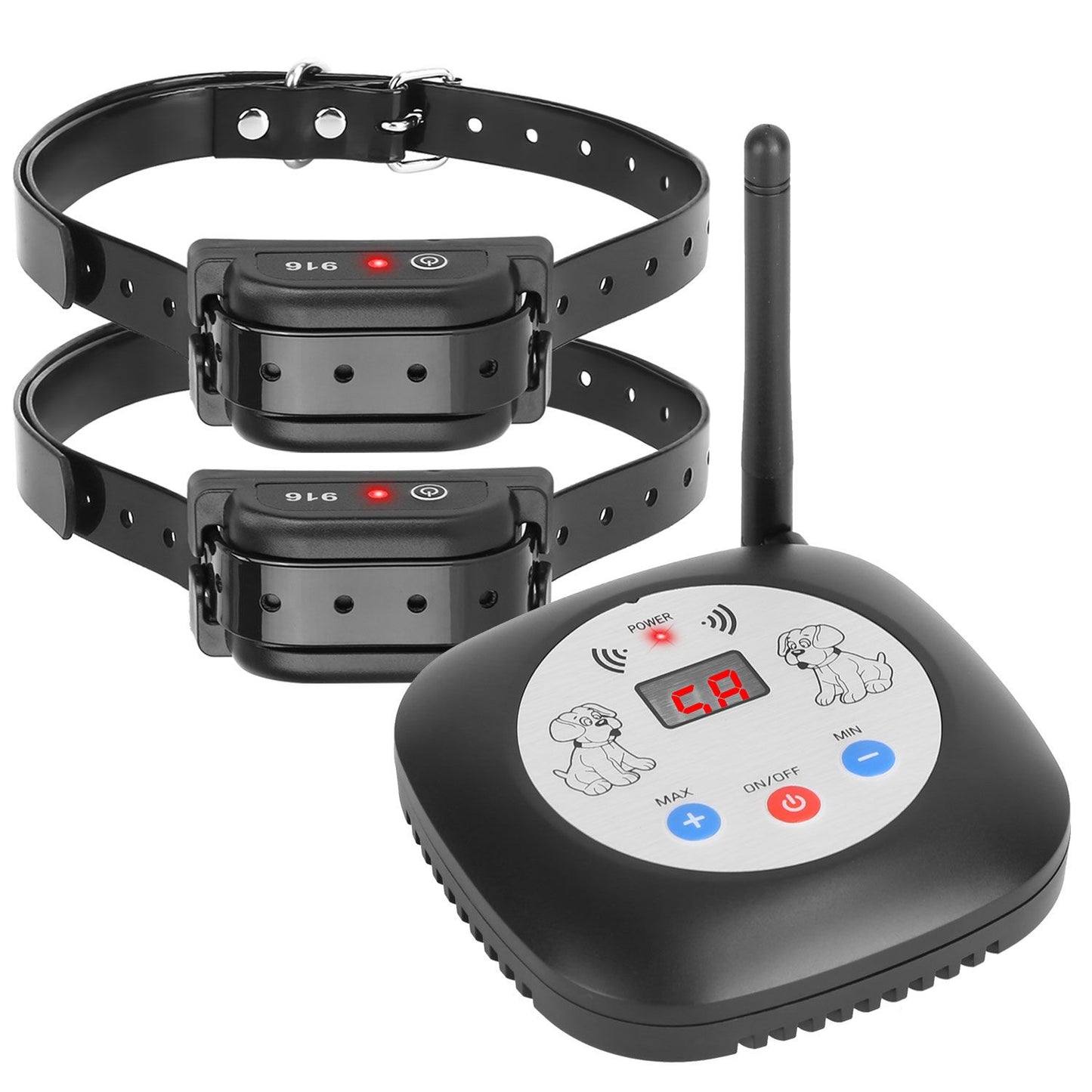 Close-up of single black receiver collar with adjustable strap and red LED