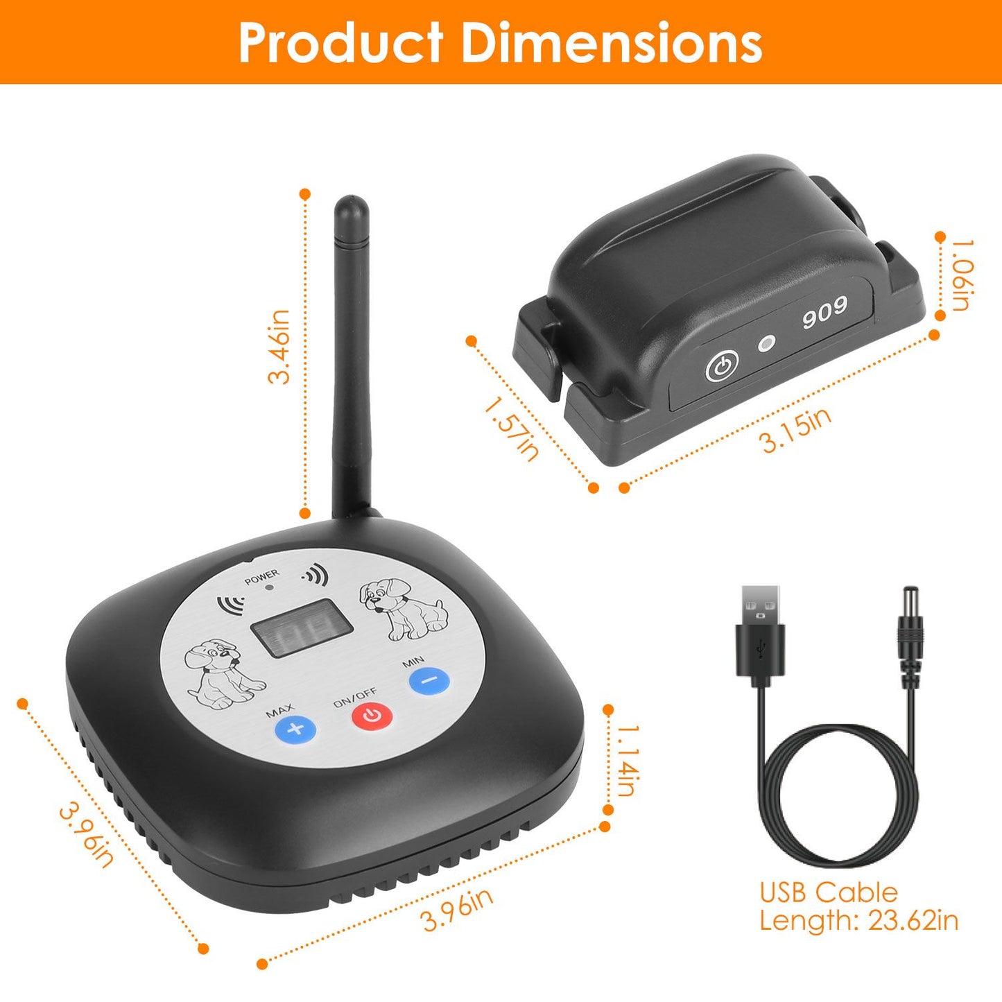 Dimension diagram showing measurements for transmitter, receiver and USB cable length