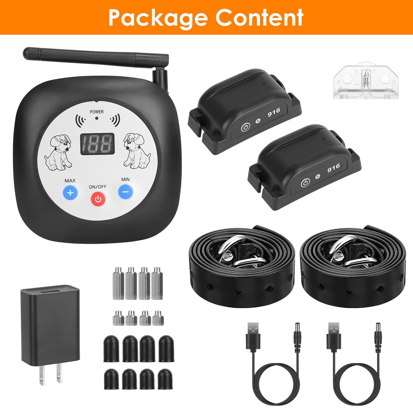Package contents including transmitter, two receivers, straps, USB cable, adapter and accessories