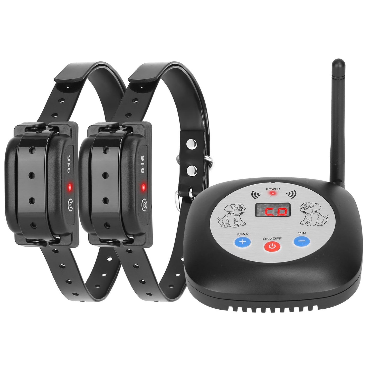 Coiled adjustable collar strap with receiver module and buckle hardware visible