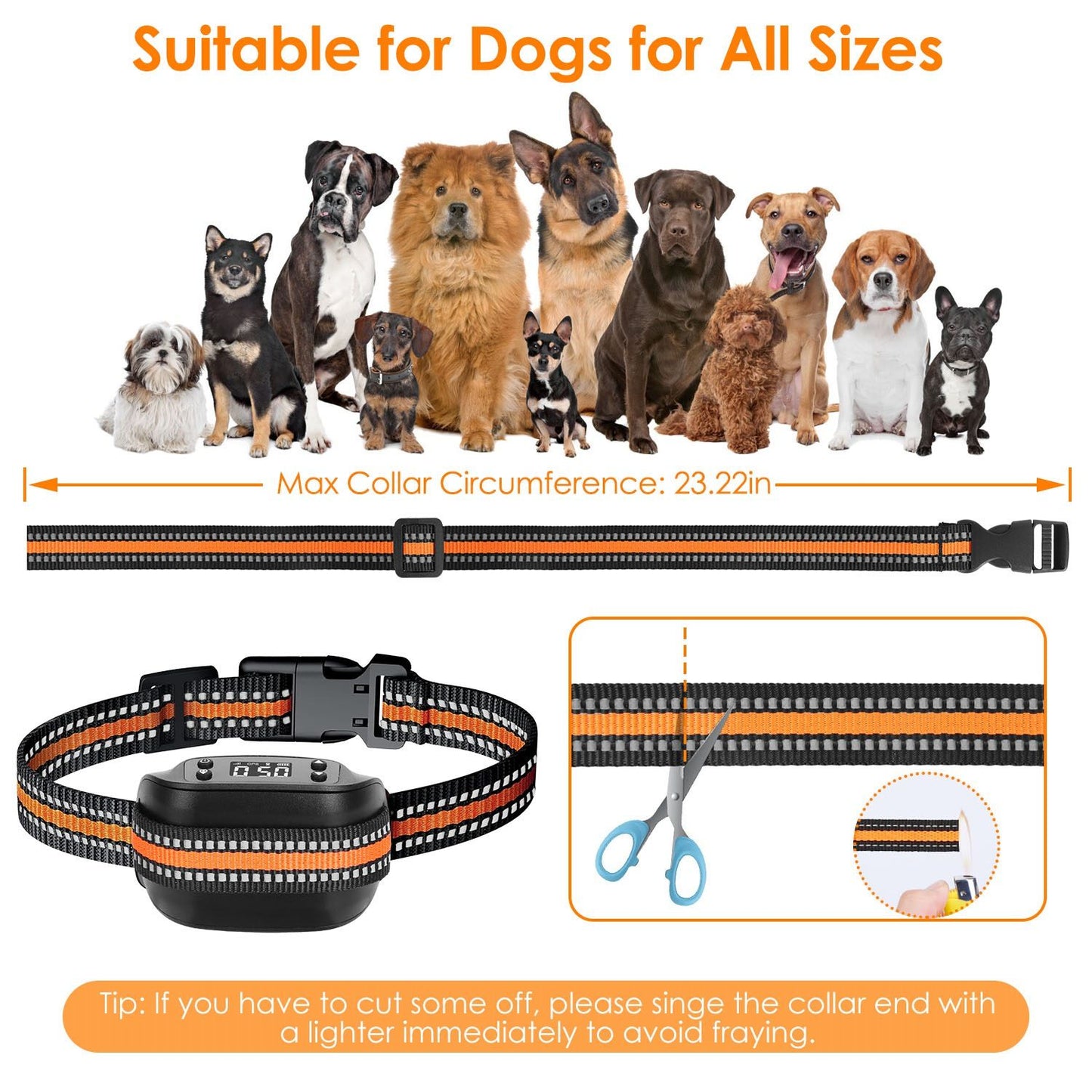 Size chart image with various dog breeds and adjustable collar strap showing 23.22 inch max circumference