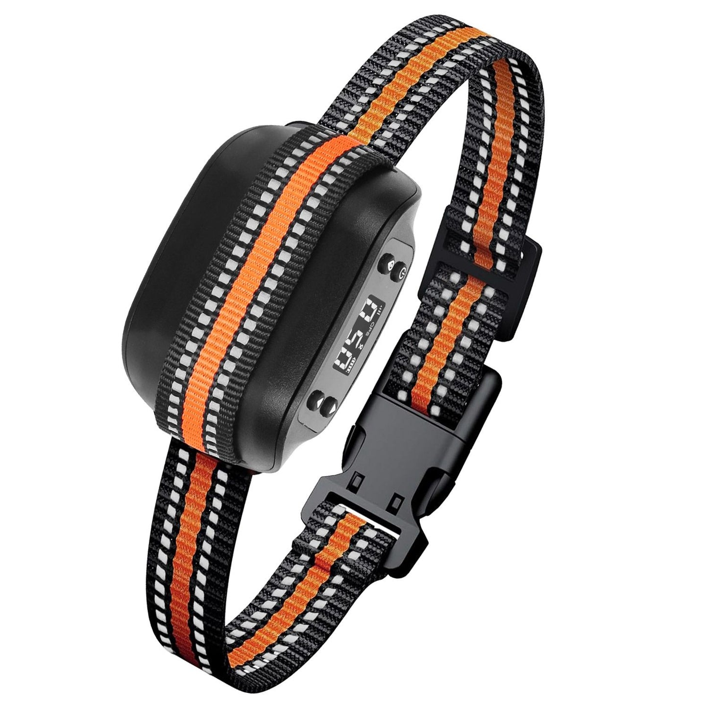 Angled studio shot of the adjustable black and orange GPS dog collar showing buckle and receiver