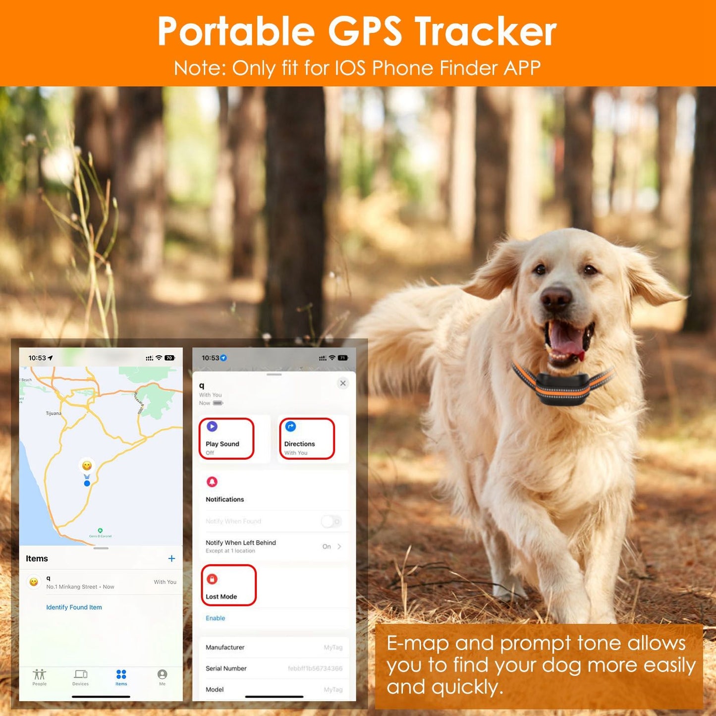 Portable GPS tracker shown with iOS Finder app screenshots and a dog wearing the collar outdoors