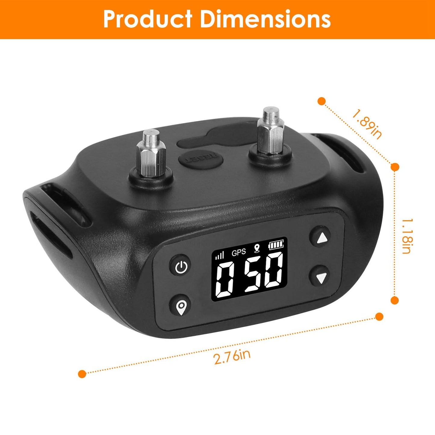GPS receiver close-up with dimensions labeled 2.76 x 1.89 x 1.18 inches and metal electrode posts