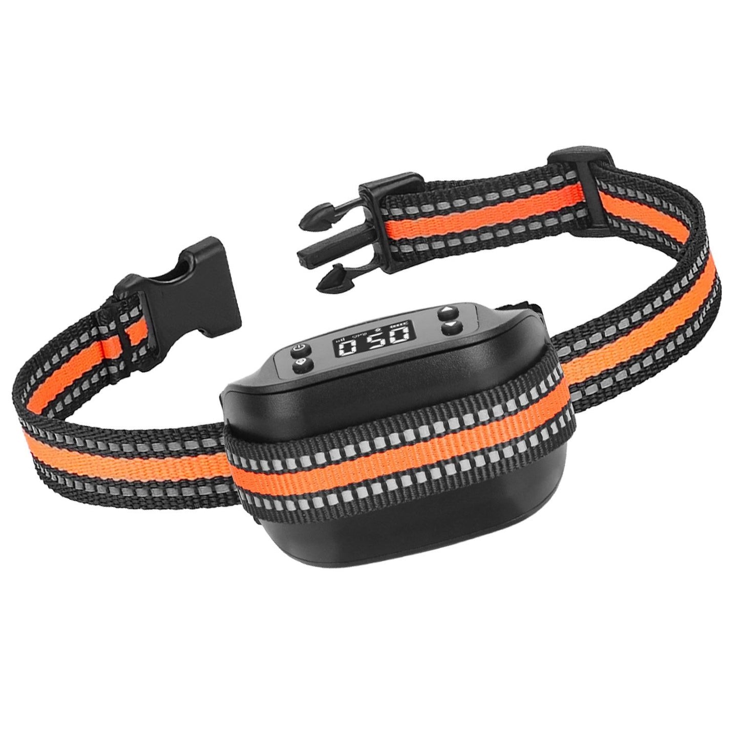 GPS dog collar and receiver lying flat with buckle detached displaying strap pattern and digital display