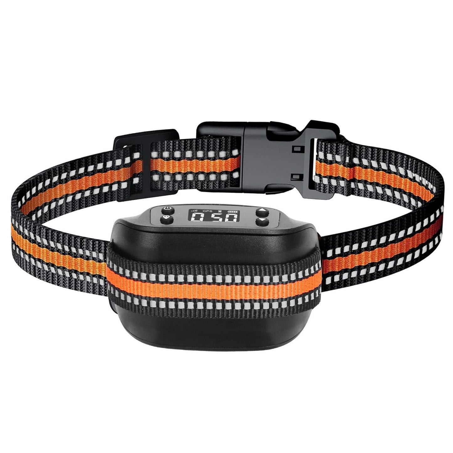 Black GPS dog collar with orange stripe, digital receiver and adjustable buckle on white background