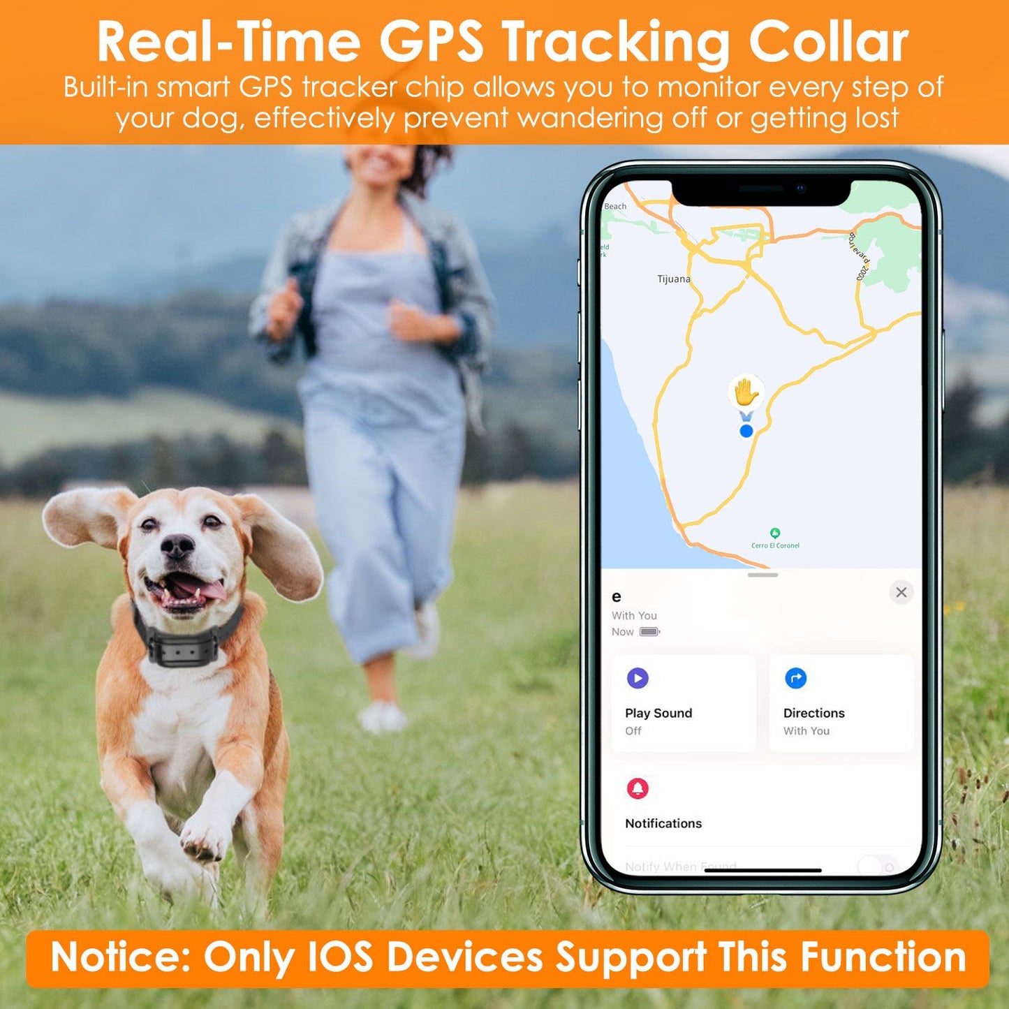 Phone app play-sound highlighted next to receiver collar on a table for locating device