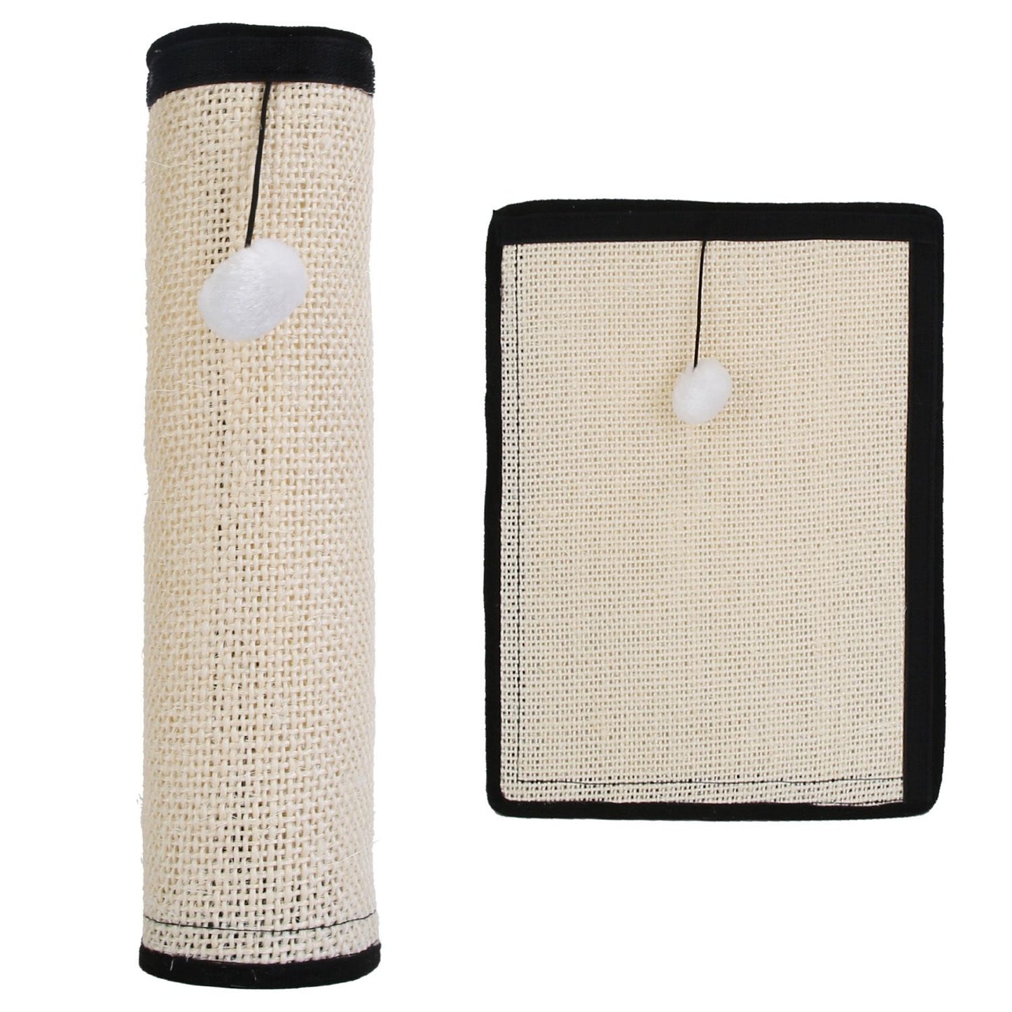 One sisal mat rolled and one laid flat side by side showing flexibility and attached pom toy.