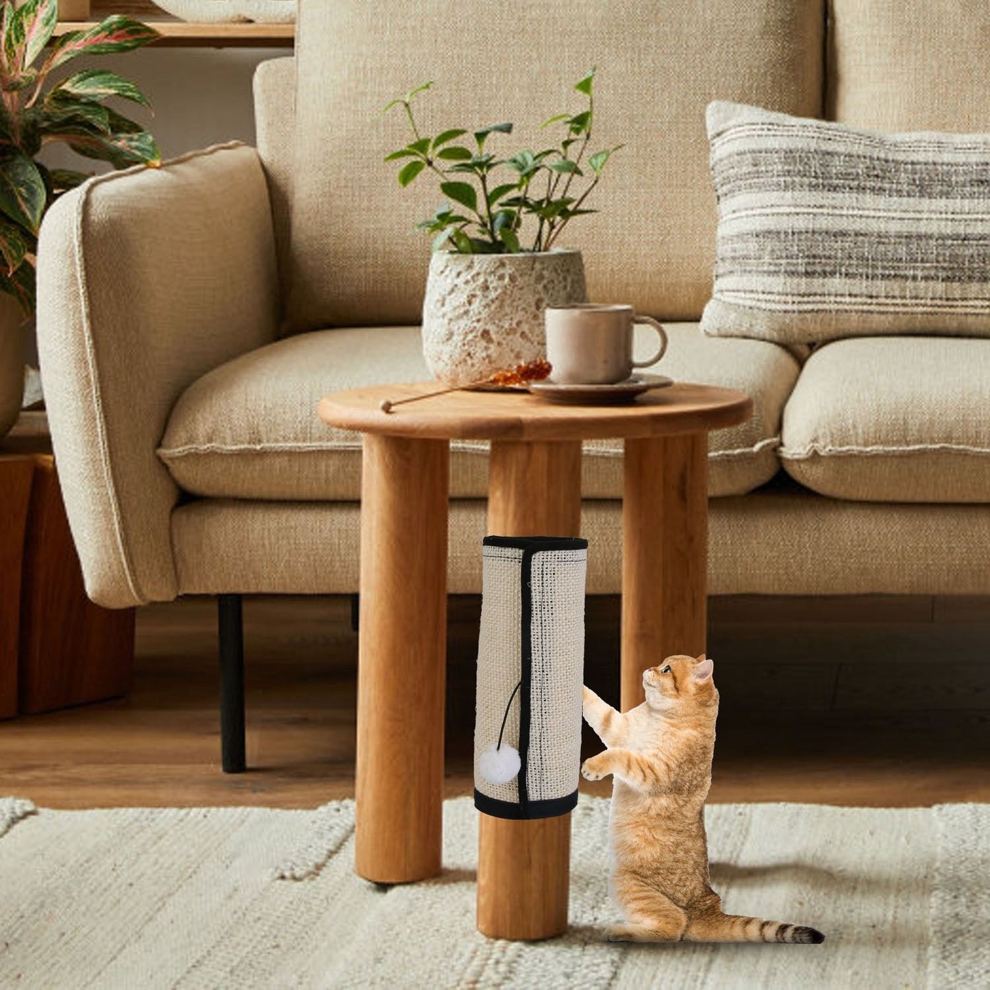 Mat wrapped around table leg as DIY scratching post with cat scratching in living room.