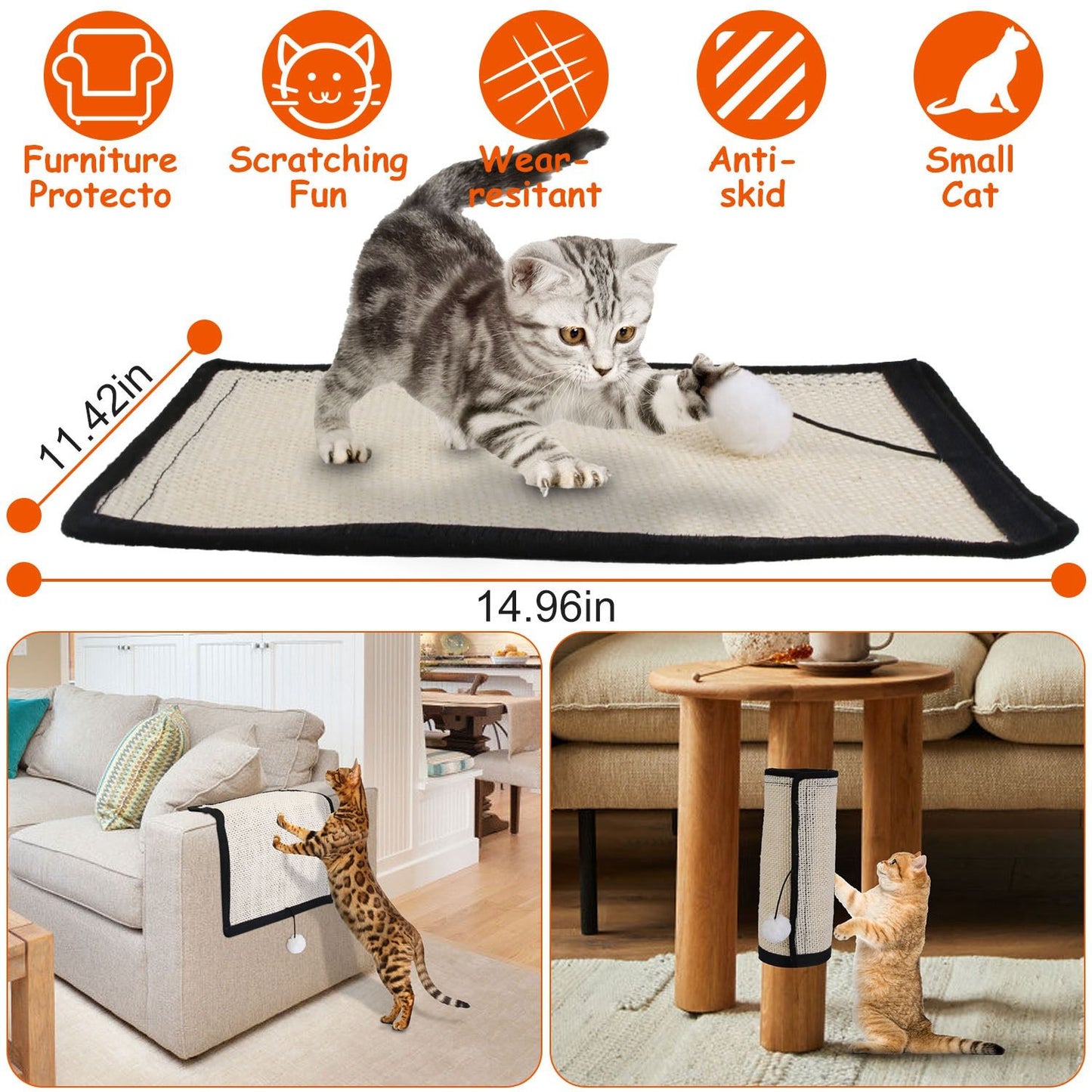 Cat scratching mat on floor with kitten playing and icons showing features and 14.96x11.42in size.