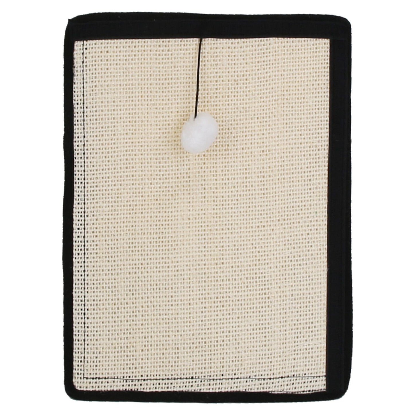 Small rectangular sisal cat scratching mat with black border and attached white pom ball.