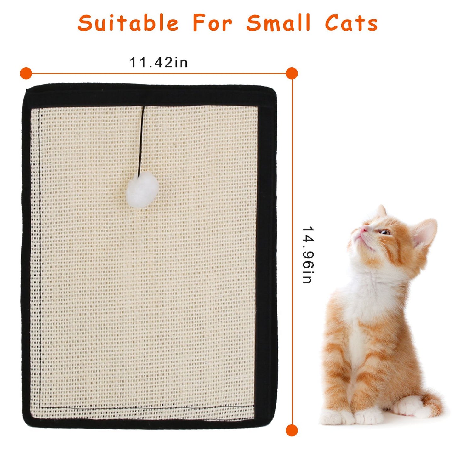 Top view of cat scratch mat with dimensions 11.42 x 14.96 in and kitten for scale.