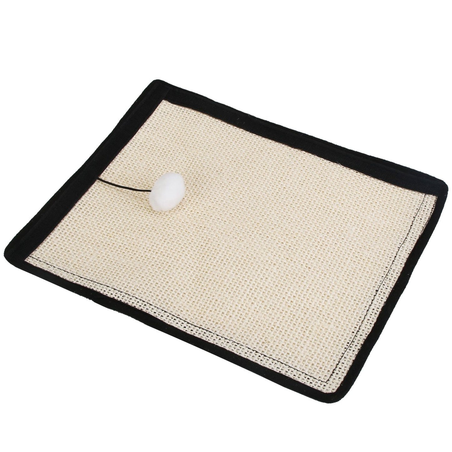Angled flat lay of sisal cat scratch mat with black trim and attached white pom ball.