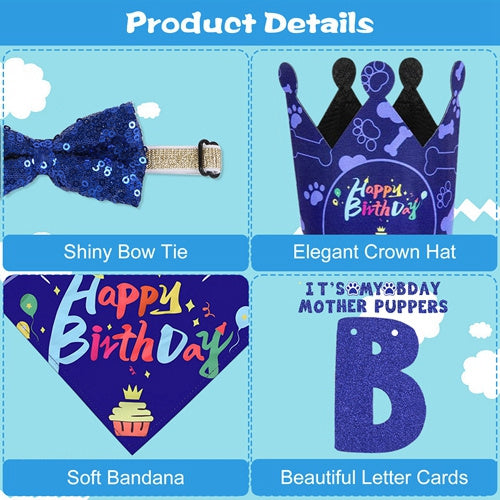 Close-up product detail panels of sequin bow tie crown polyester bandana and glitter banner letters