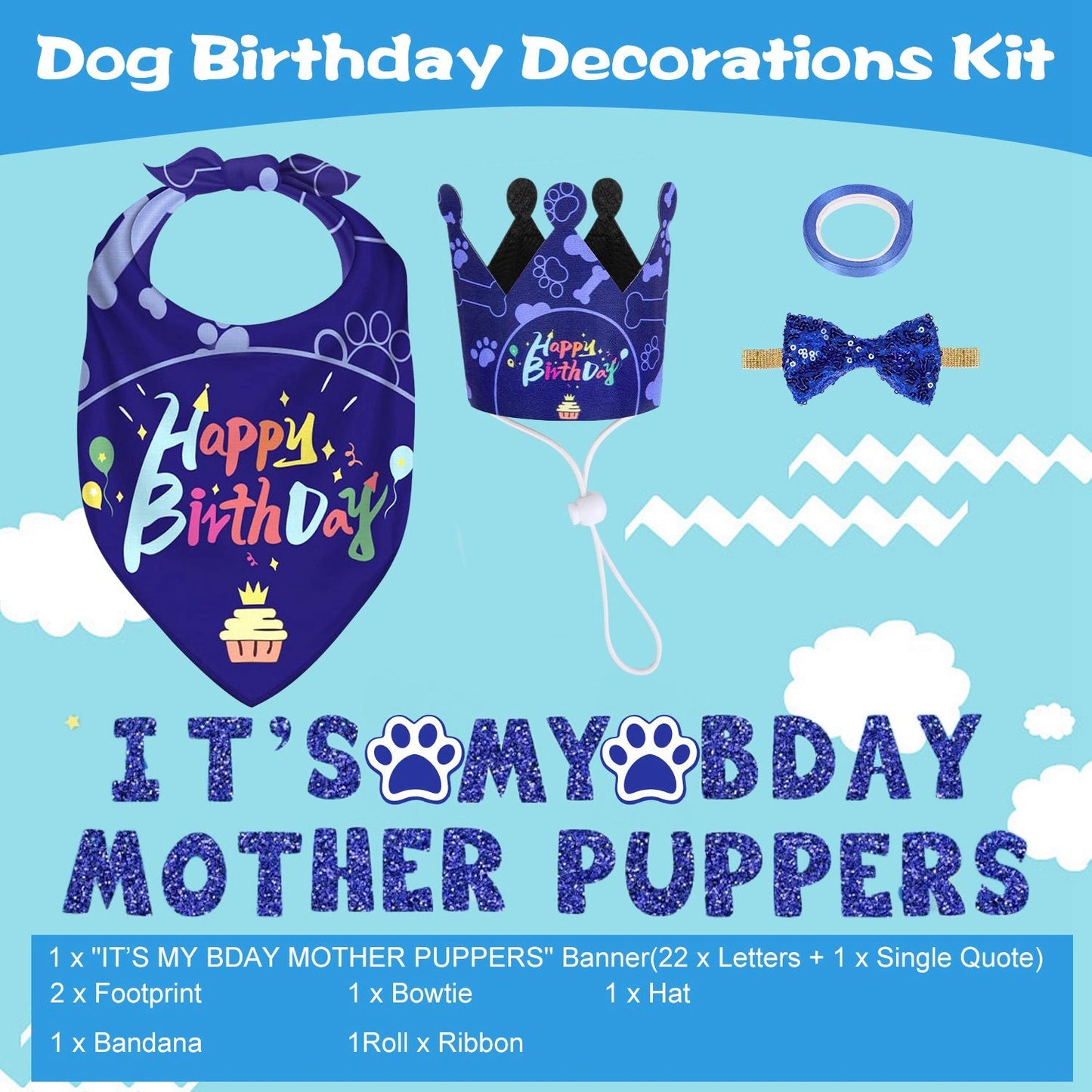 Promotional poster for dog birthday kit listing letters footprints bow tie hat ribbon and bandana