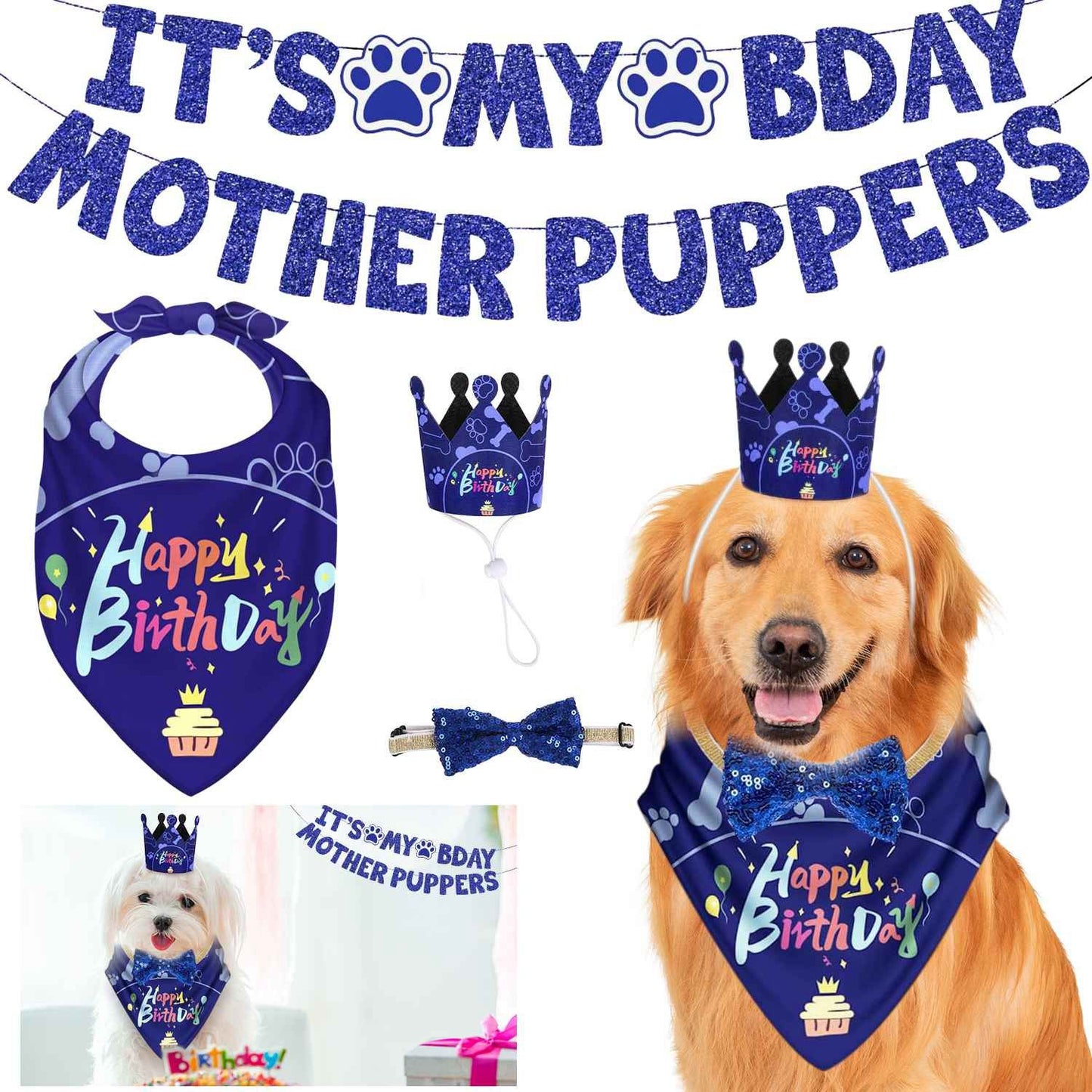 Blue dog birthday bandana set with crown hat bow tie and glitter banner Happy Birthday design