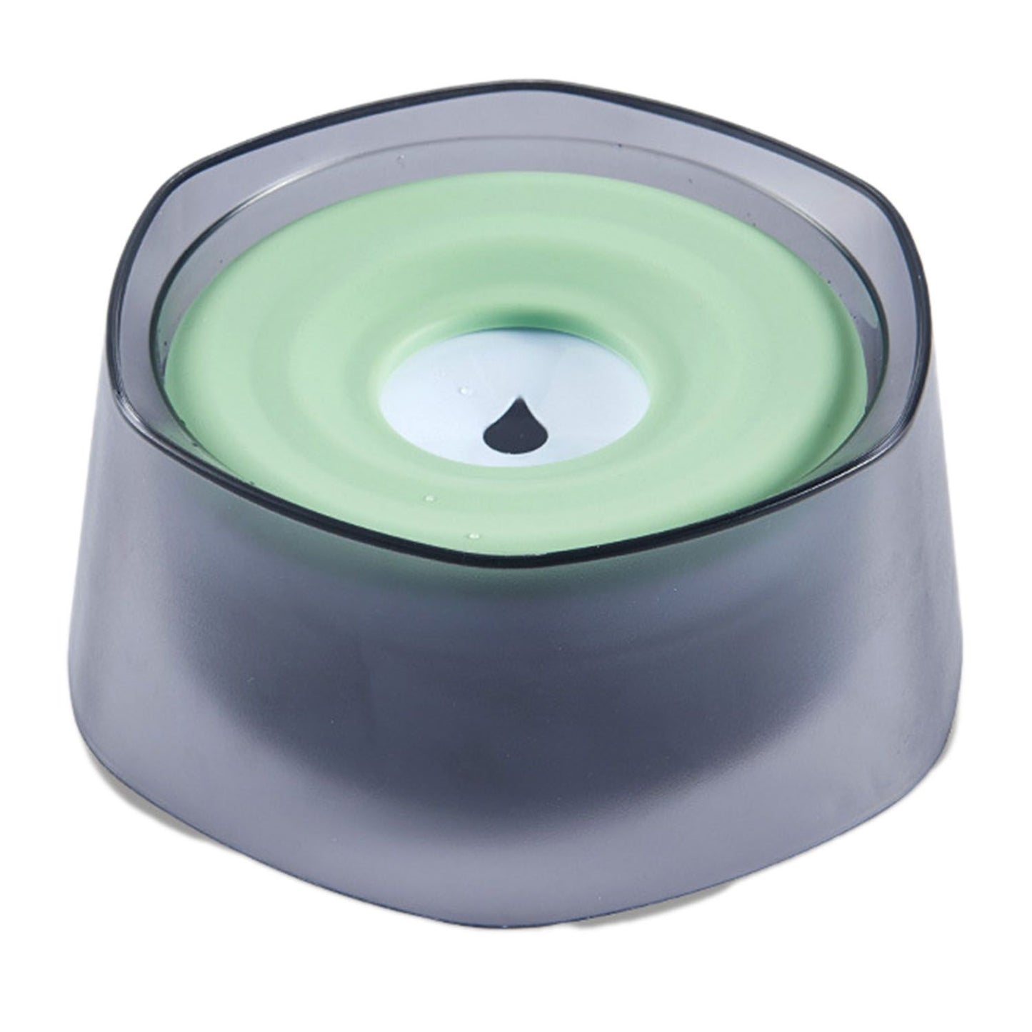 Top view of pet water bowl with pale green floating disk and smoke translucent base