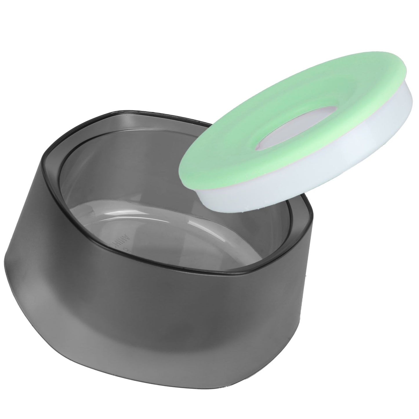 Disassembled pet bowl with smoky base and removable pale green silicone disk