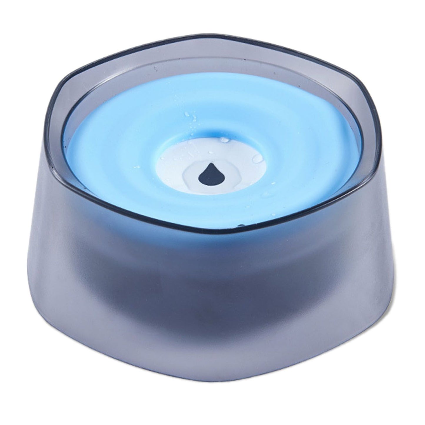 Top view of pet water bowl with blue floating disk and smoky translucent base
