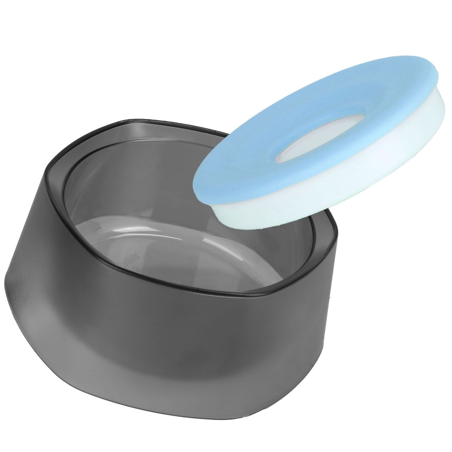 Disassembled pet bowl with smoky base and removable blue silicone floating disk