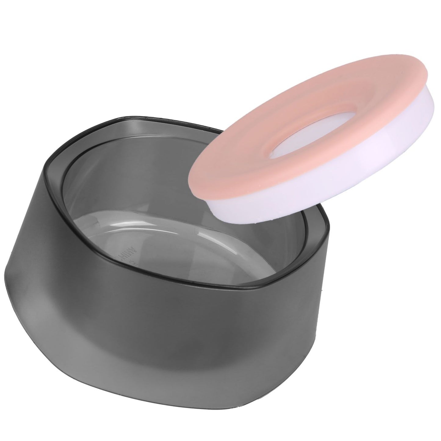 Disassembled pet bowl showing smoky base and removable pink silicone floating disk