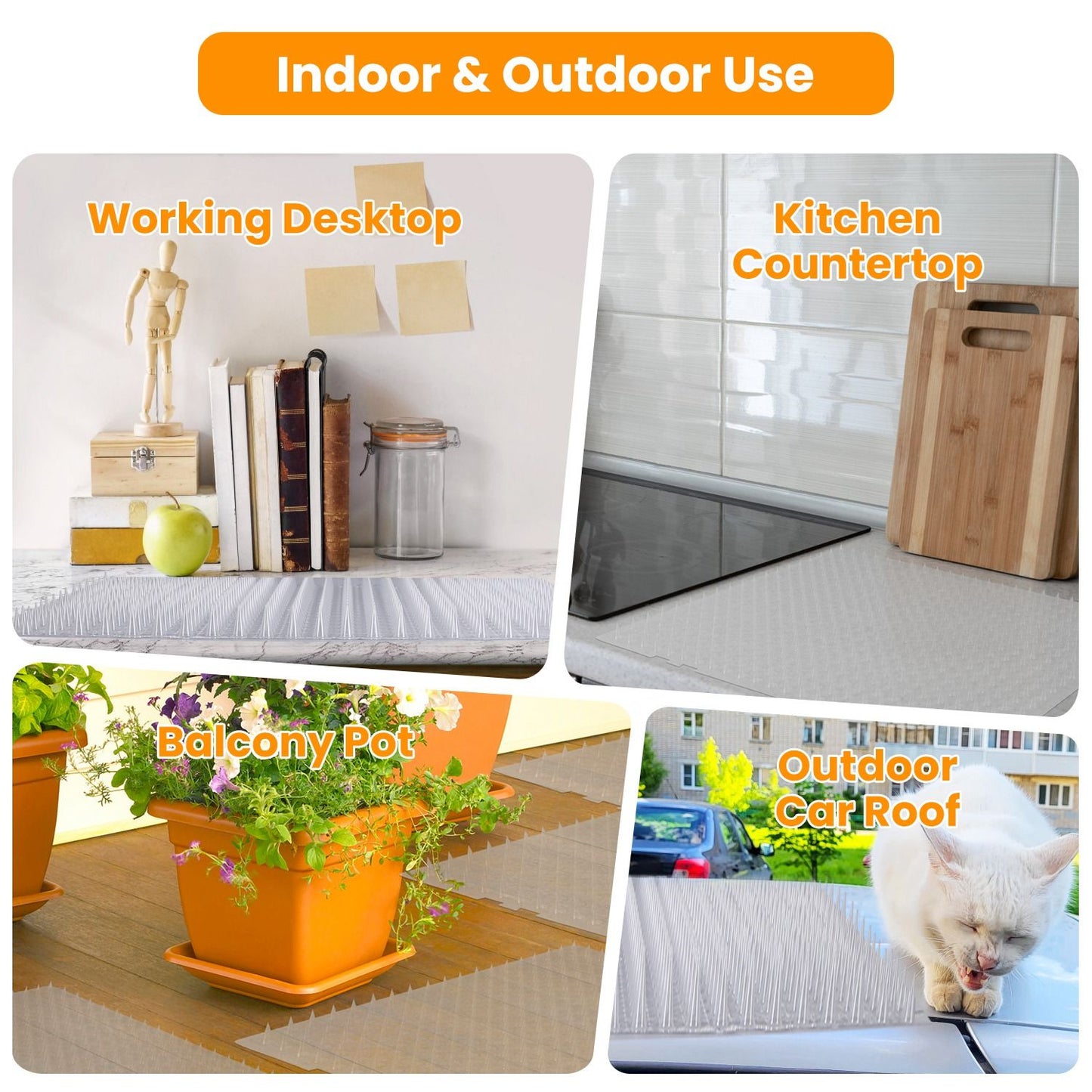Collage of indoor and outdoor placement ideas for transparent spiked mats