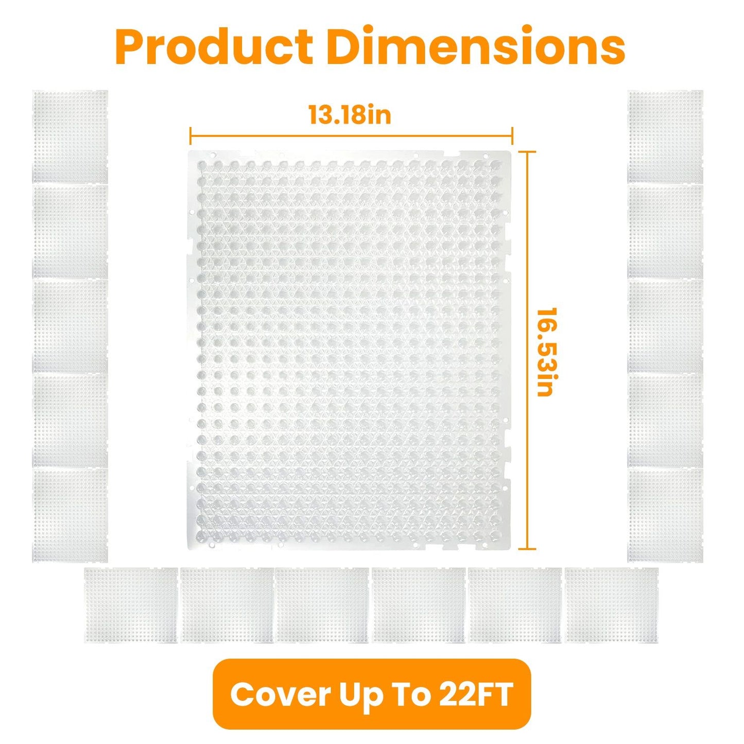 Dimension diagram of a 13.18 by 16.53 inch transparent deterrent mat and modular pieces