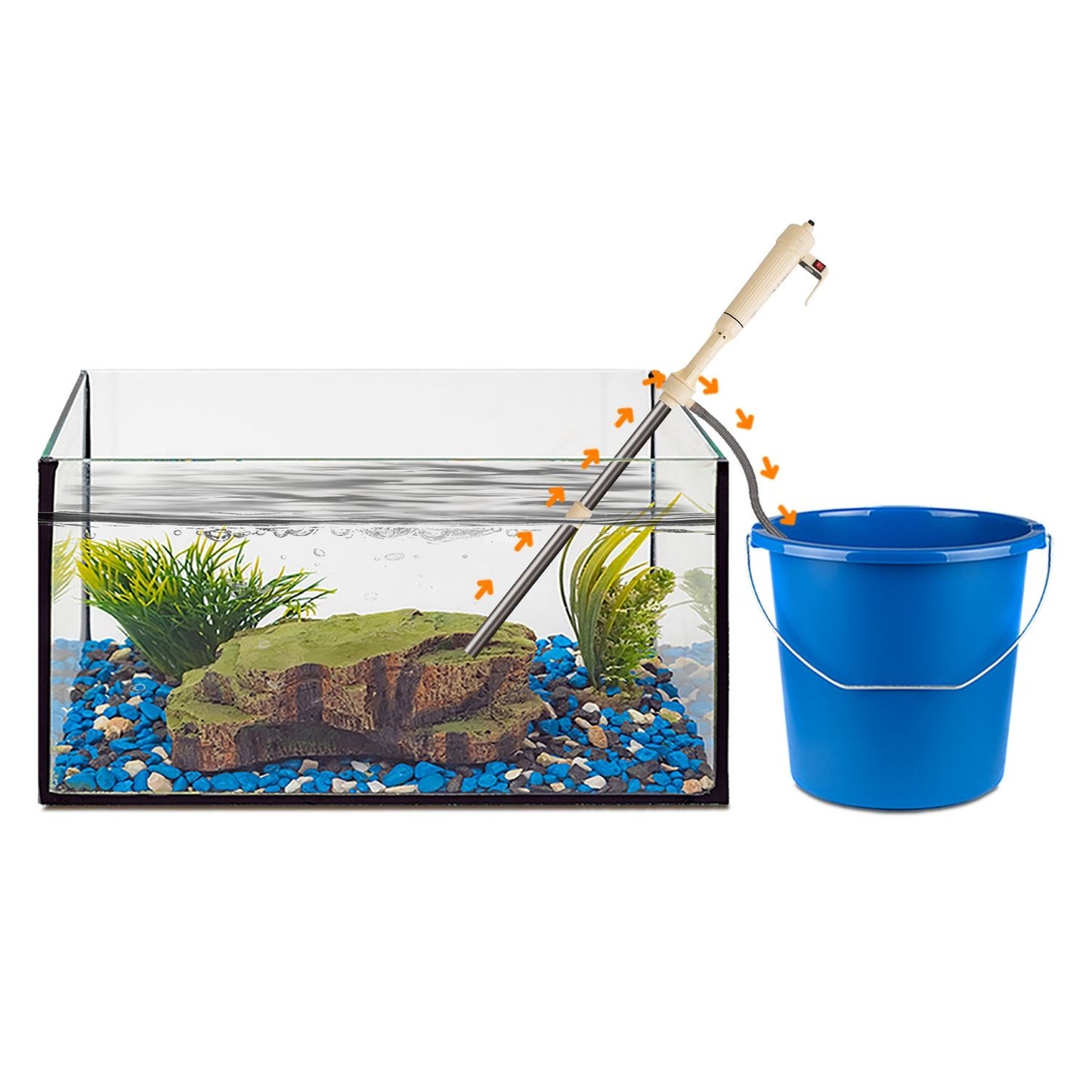 Aquarium cleaner pumping water into a bucket showing water flow path and maintenance use