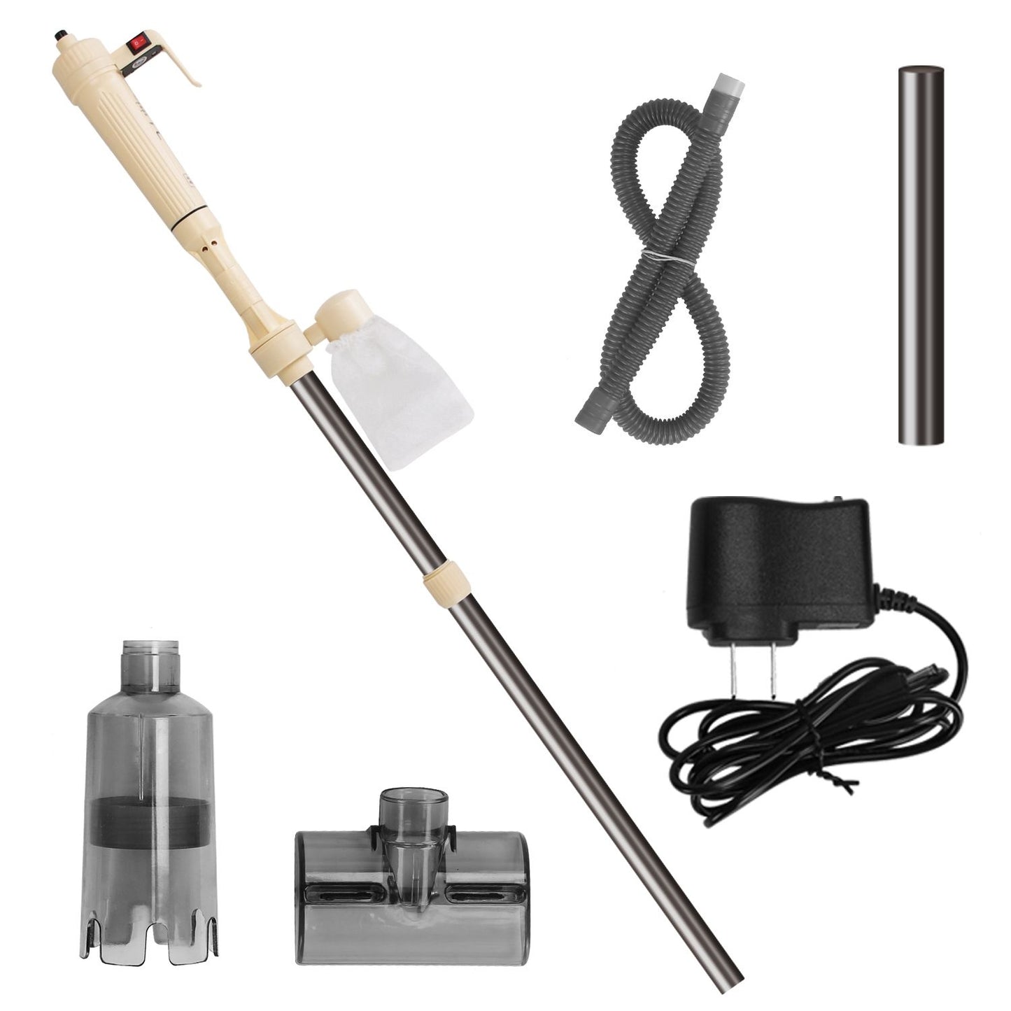 Assembled gravel cleaner with filter bag and separated hose, adapter, tubes, and cleaning heads on white background