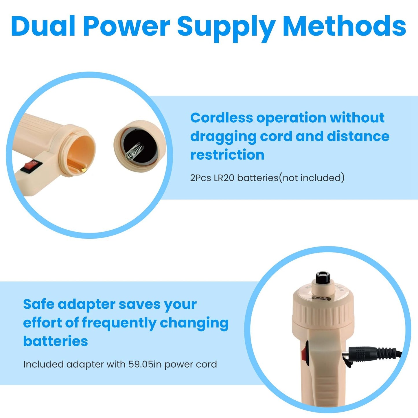 Close-ups of battery compartment in handle and included AC adapter for dual power operation