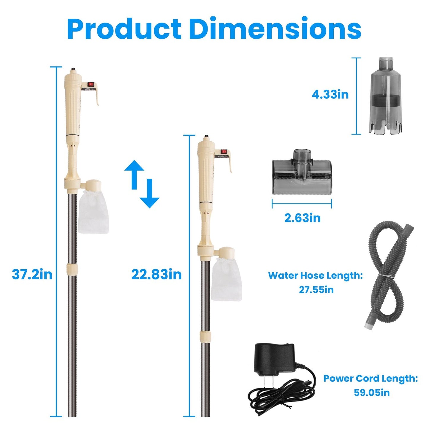 Product dimensions diagram with extended and collapsed lengths and accessory measurements