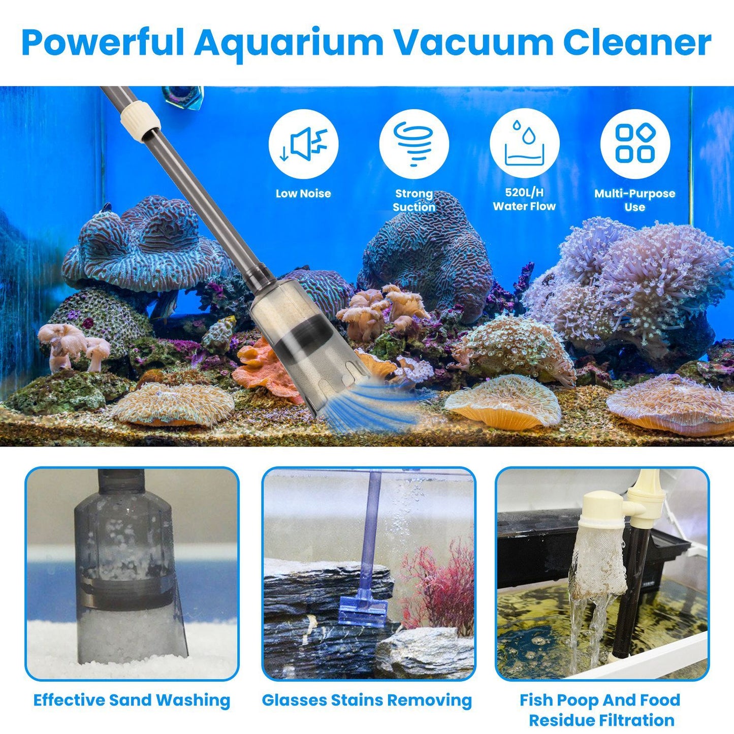 Gravel vacuum head cleaning aquarium substrate with suction and debris removal visuals