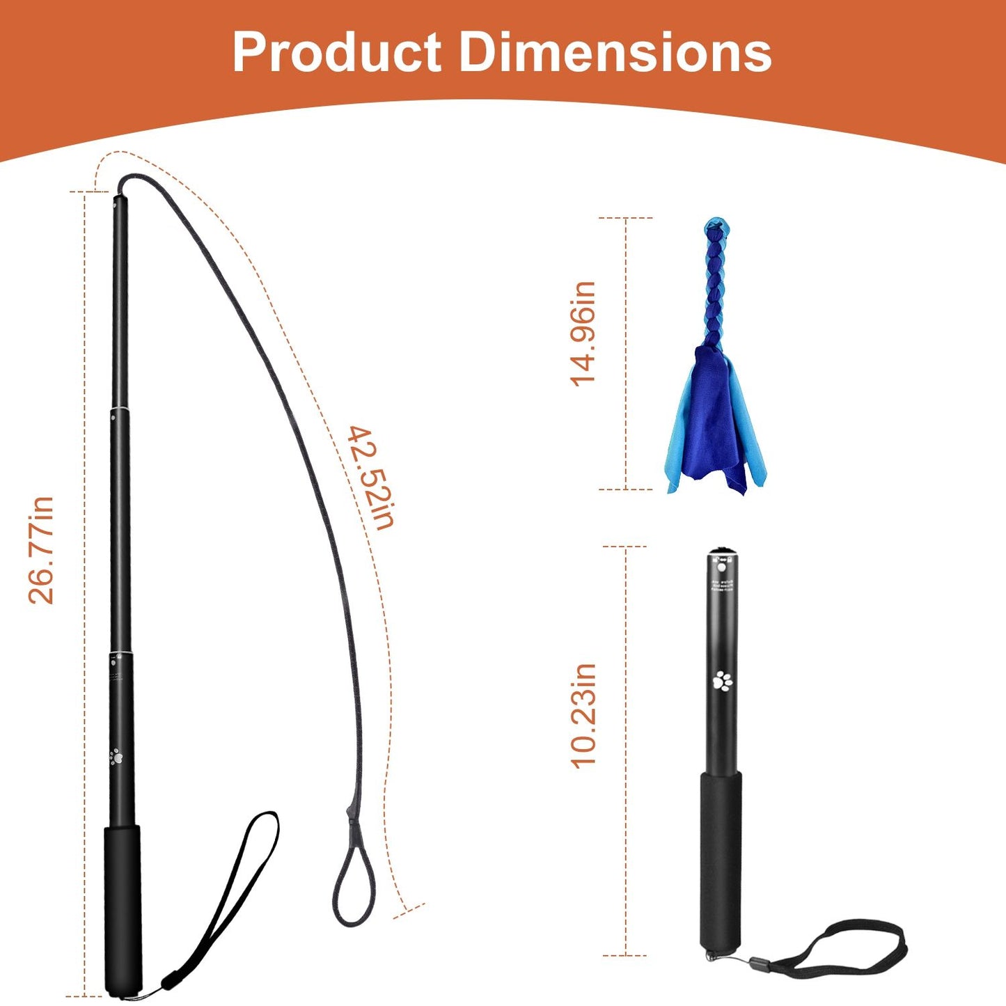 Dimension diagram showing pole length 10.23–26.77 in, rope 42.52 in and tail toy length 14.96 in