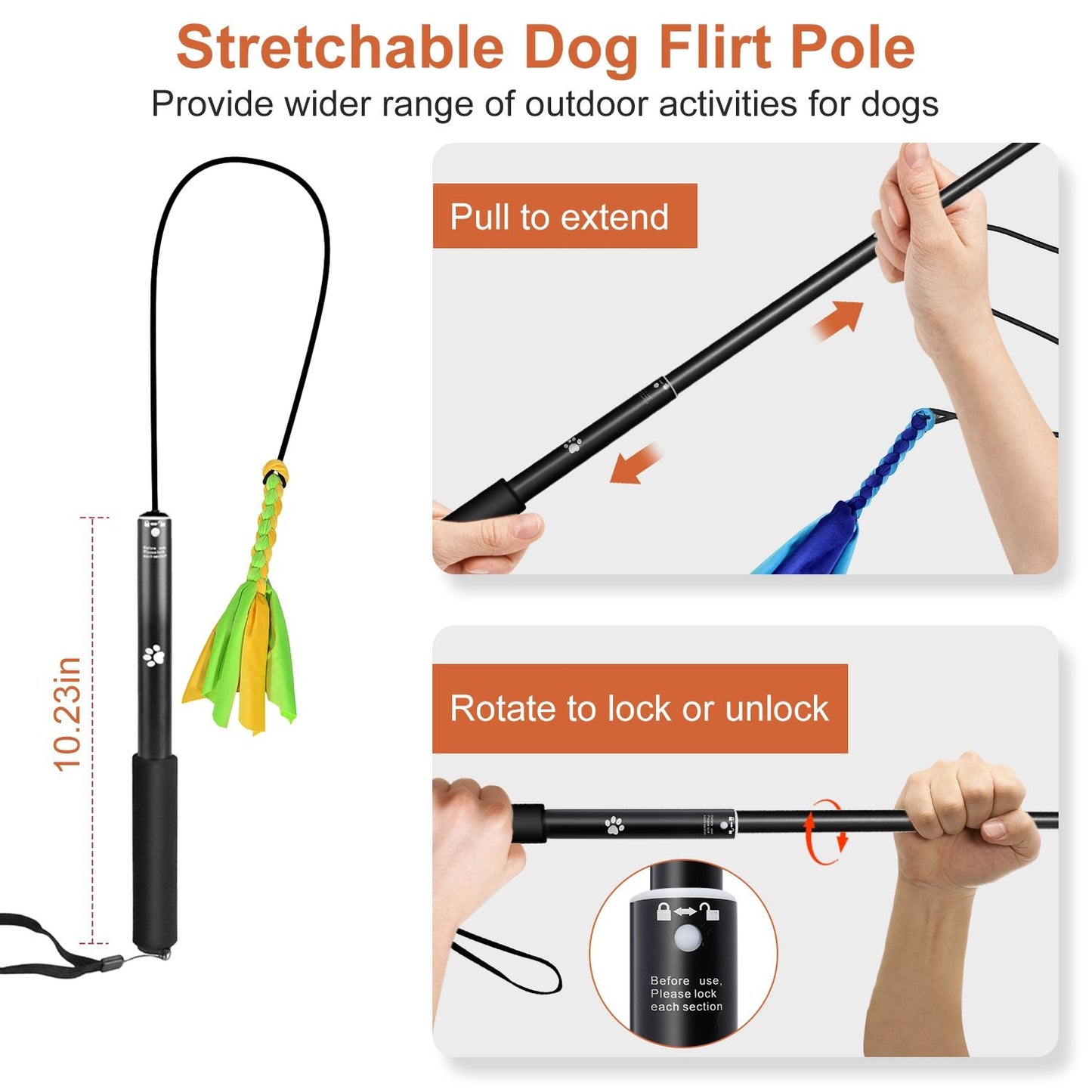 Diagram showing how to pull to extend and rotate to lock the telescopic flirt pole with sponge handle