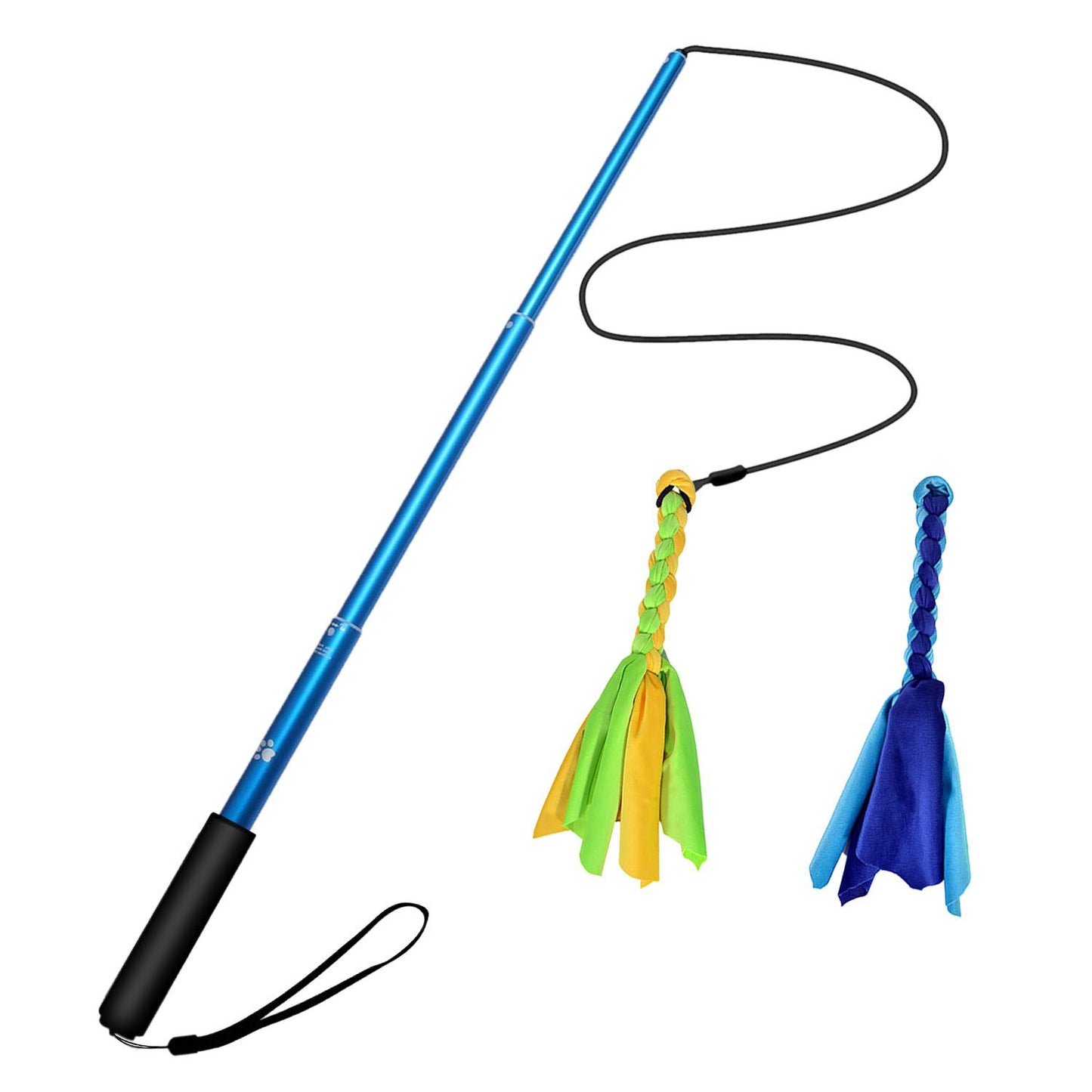 Blue telescopic flirt pole and two plush tail toys on white background displayed to show kit contents