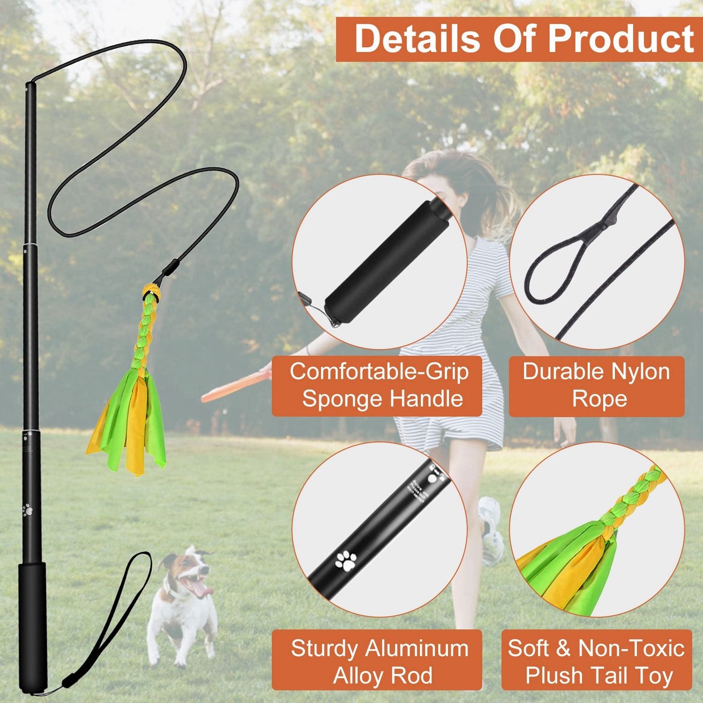 Product detail graphic highlighting sponge grip, durable nylon rope, aluminum rod and soft plush tail toy