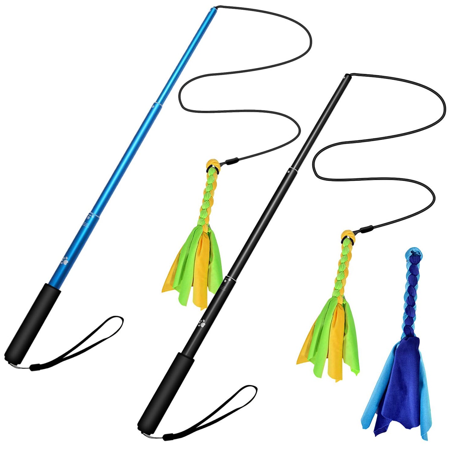 Two color options of the extendable flirt pole in blue and black with two braided plush tail toys shown side by side