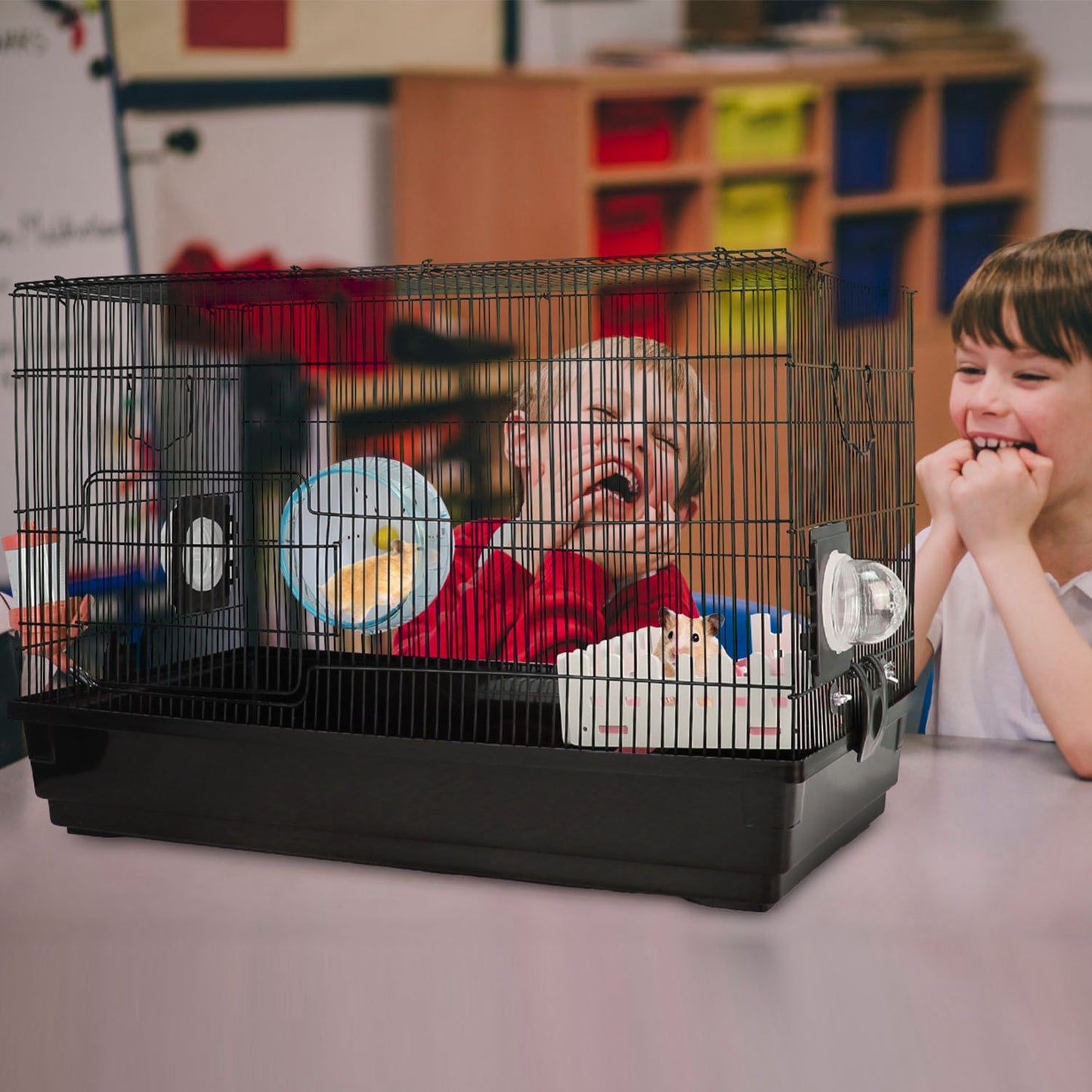 Angled cage on tabletop showing side bubble port, running wheel, water bottle and platform