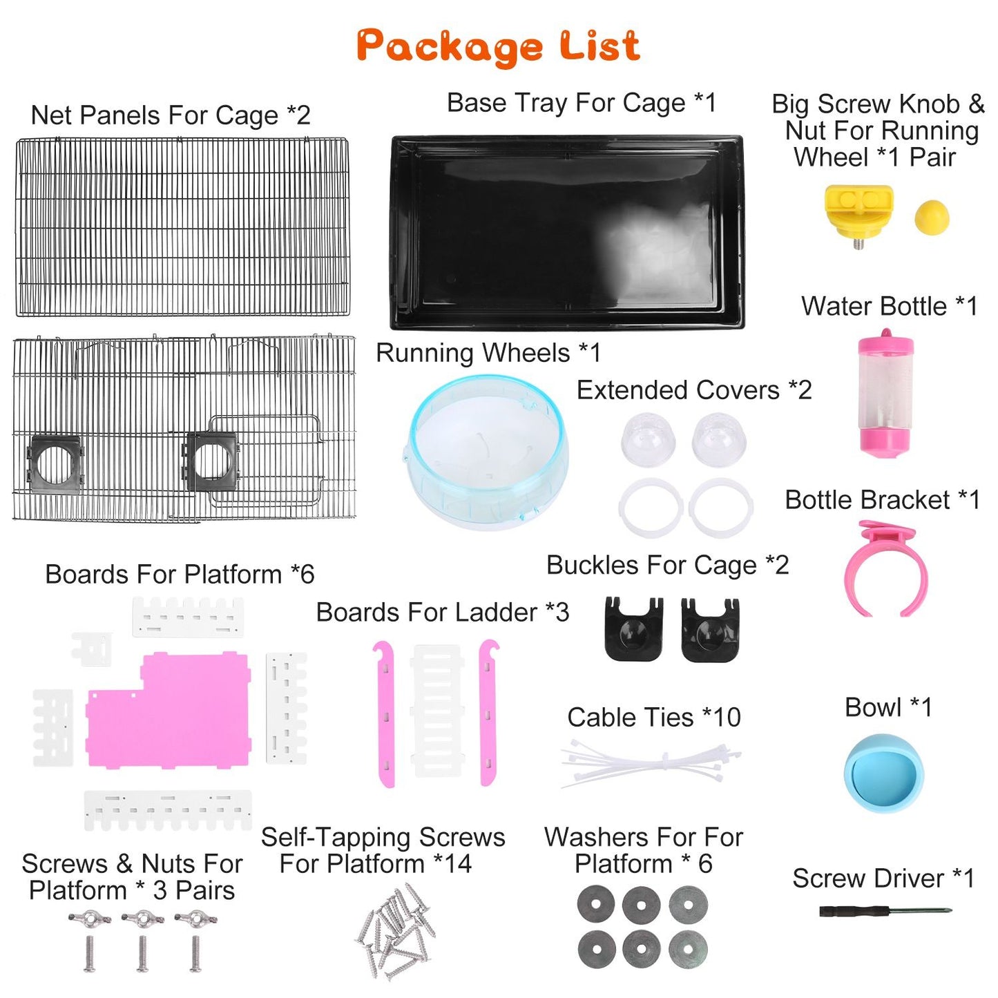 Package contents laid out: panels, tray, wheel, water bottle, bowl, screws and accessories