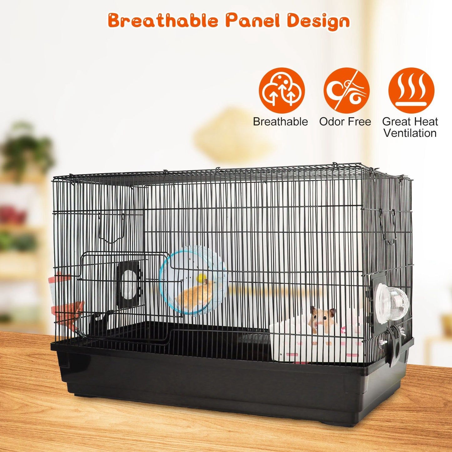 Hamster cage on a table showing breathable black wire panels and deep plastic base