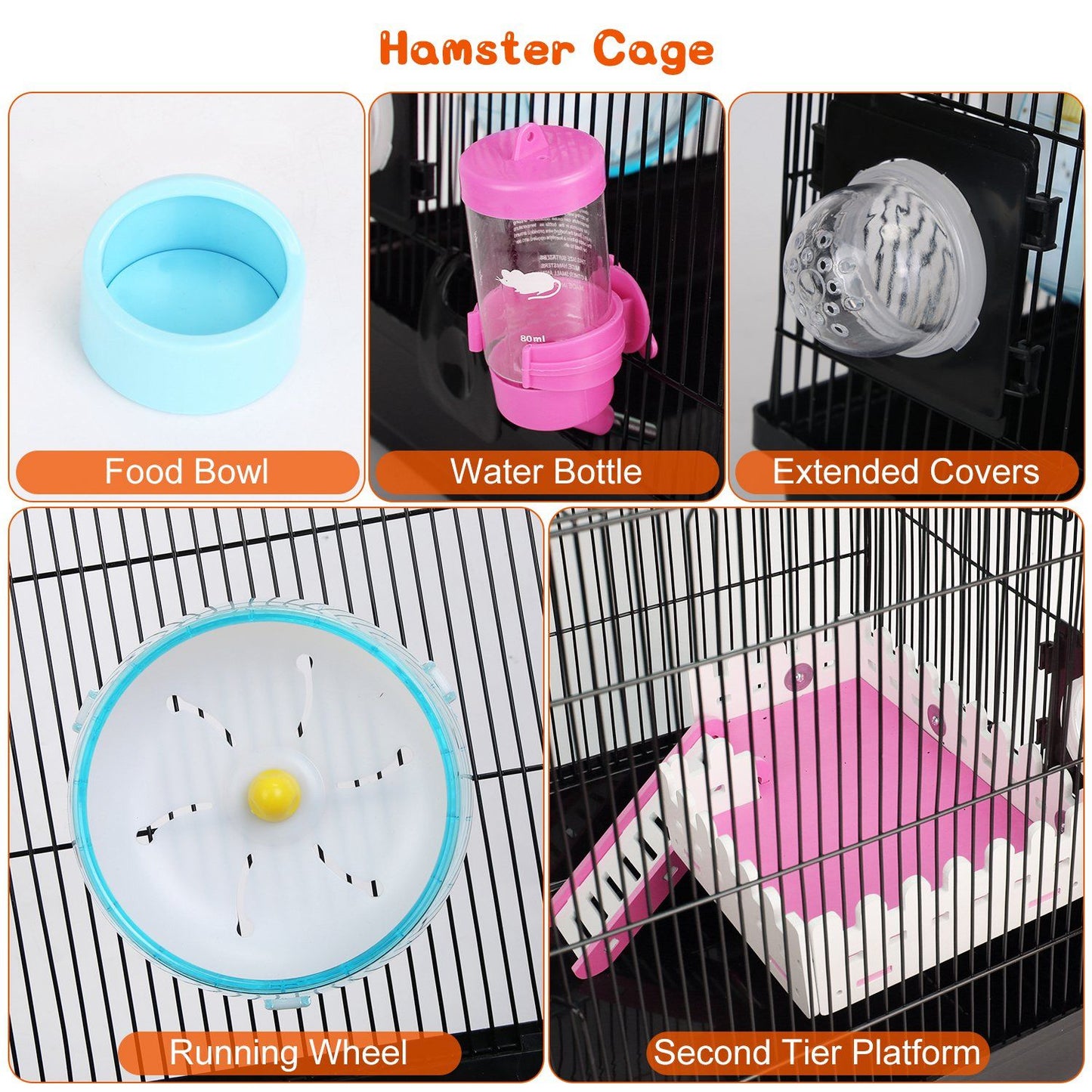 Close-up collage of food bowl, water bottle, extended cover, running wheel, and platform