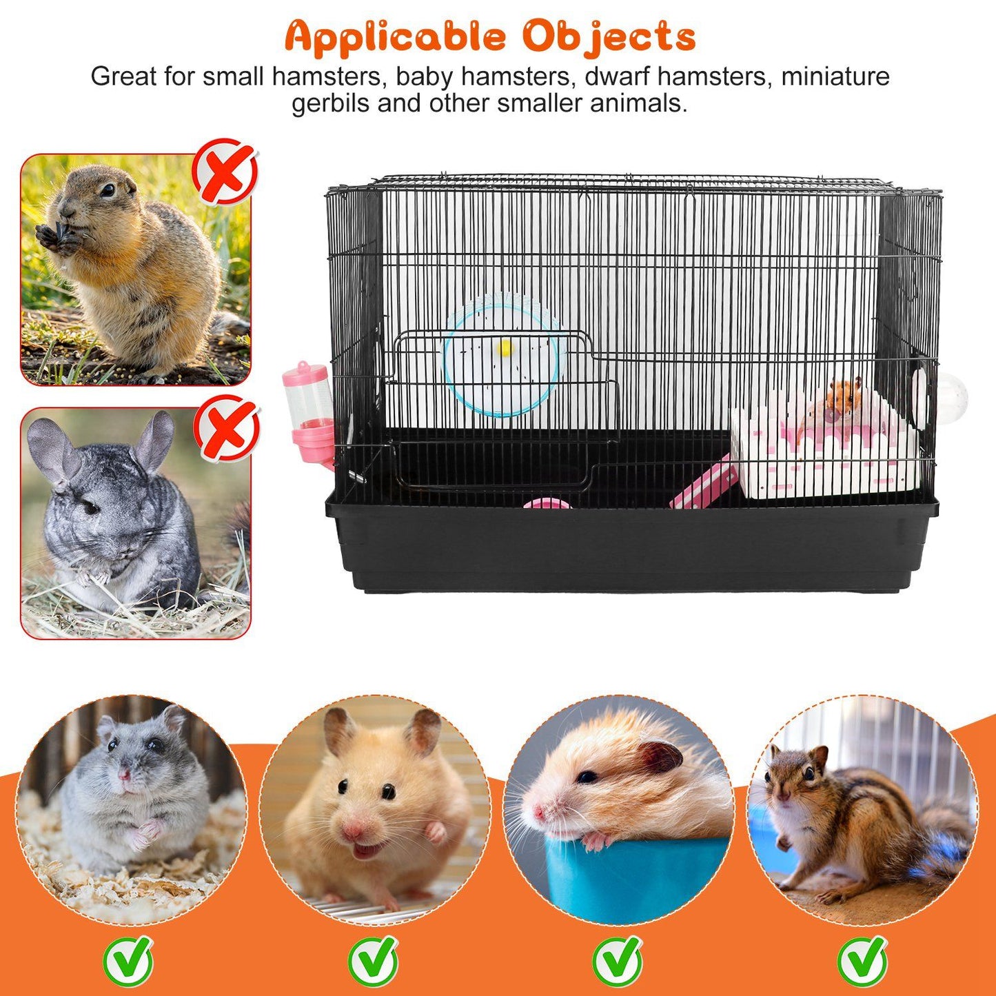 Cage shown with example suitable small pets and icons indicating hamsters and gerbils