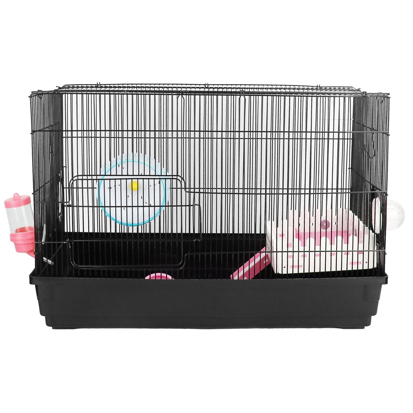 Plain front-on studio shot of the assembled two-tier hamster cage with accessories