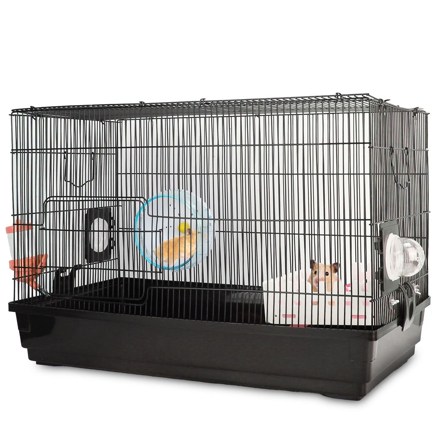 Black two-tier wire hamster cage with plastic base, wheel and platform