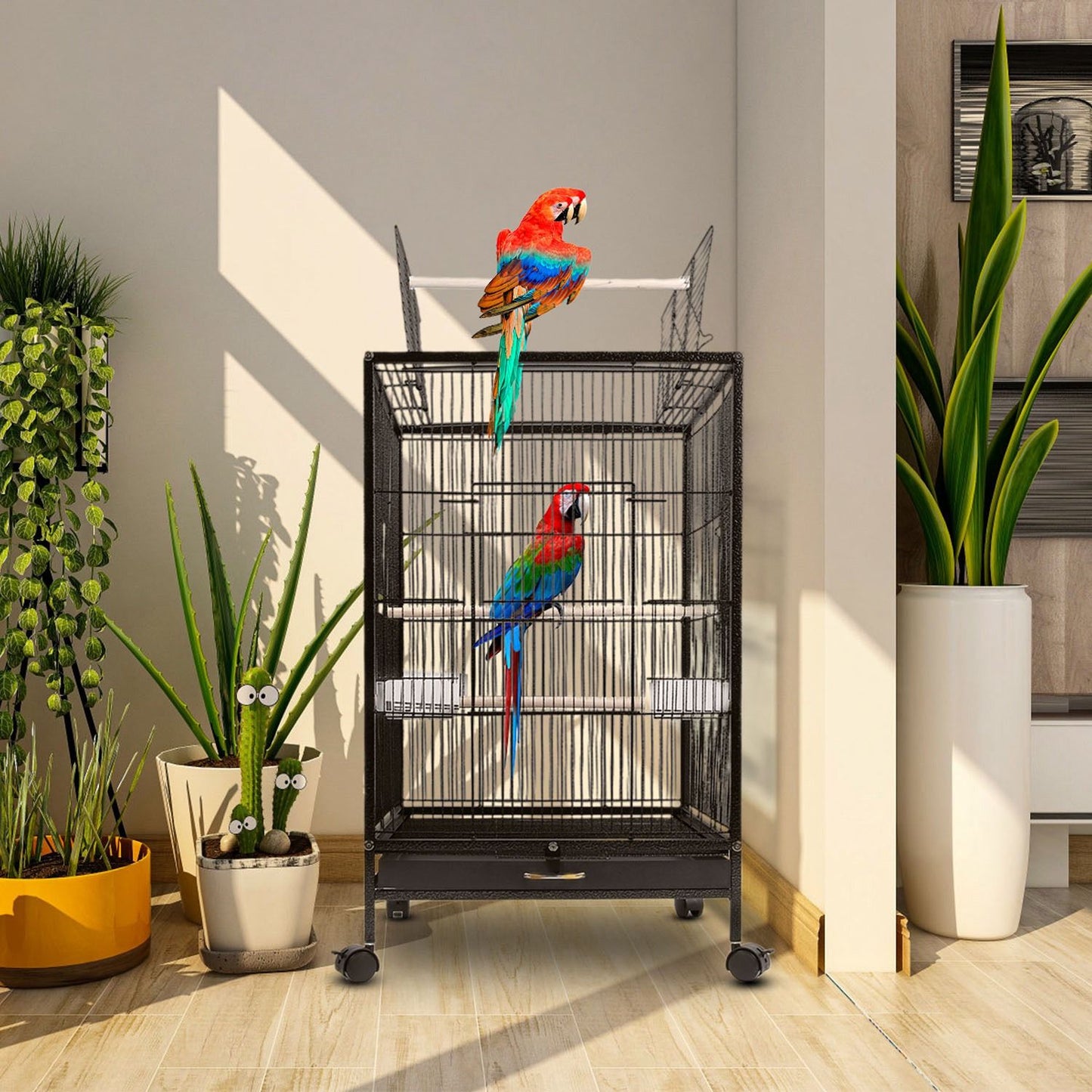 Indoor scene showing bird cage with parrots, plants and sunlight in a living space corner