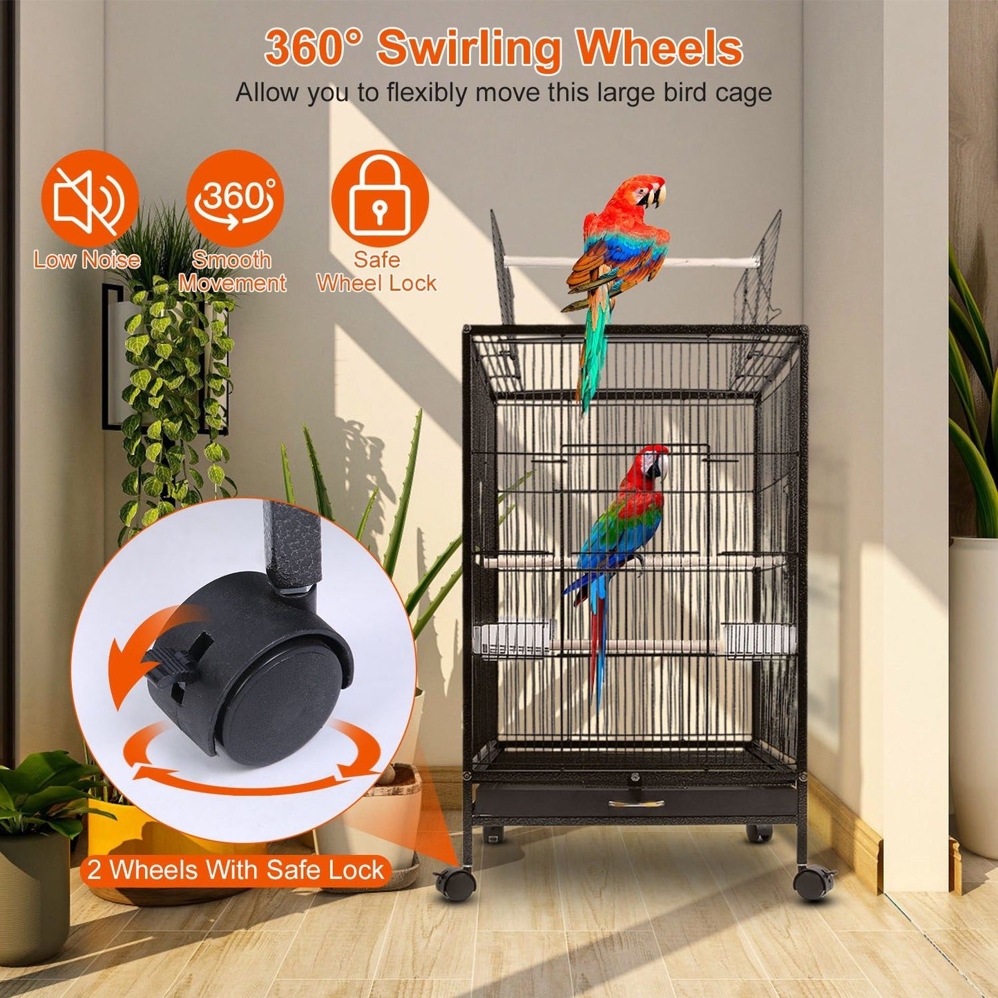 Bird cage in room with parrot on top and close-up of swivel caster wheel with safety lock