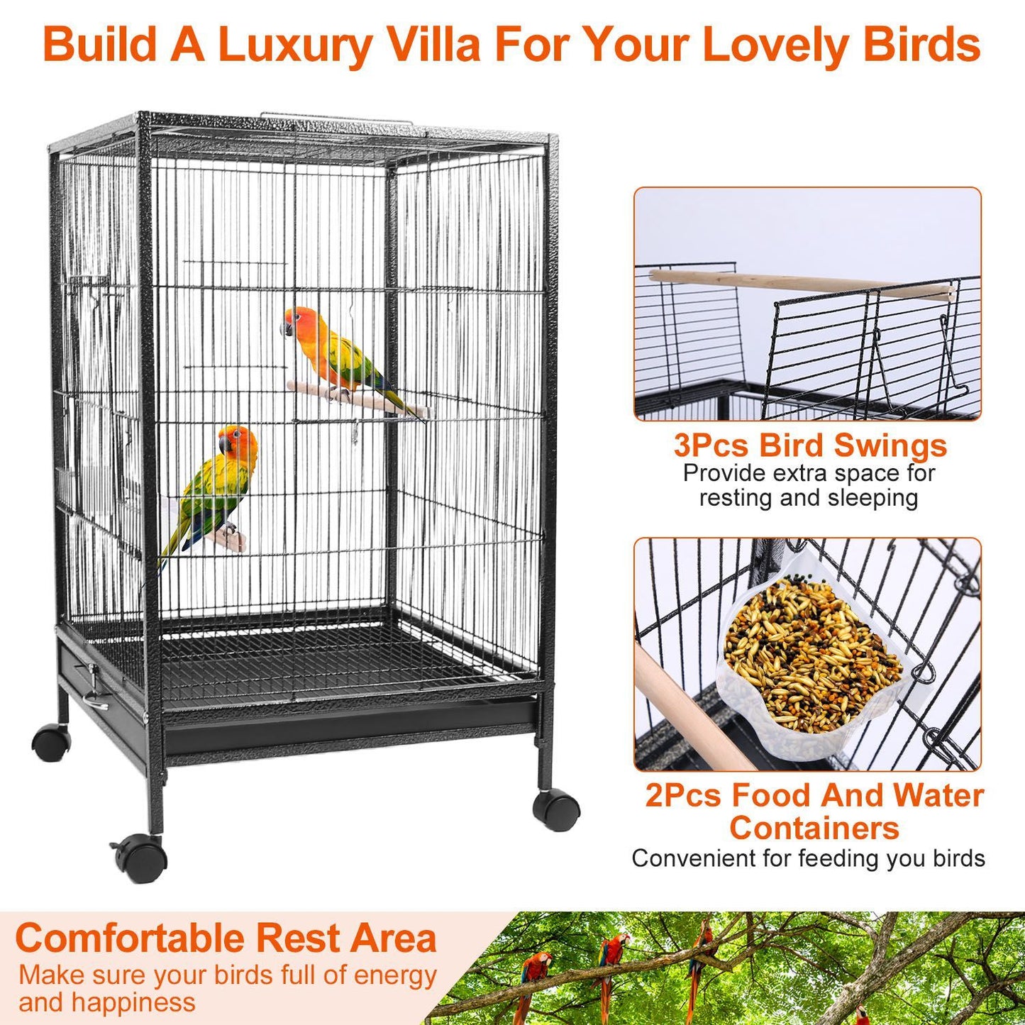 Bird cage with wide top opening, three wooden perches and included food containers shown on white background