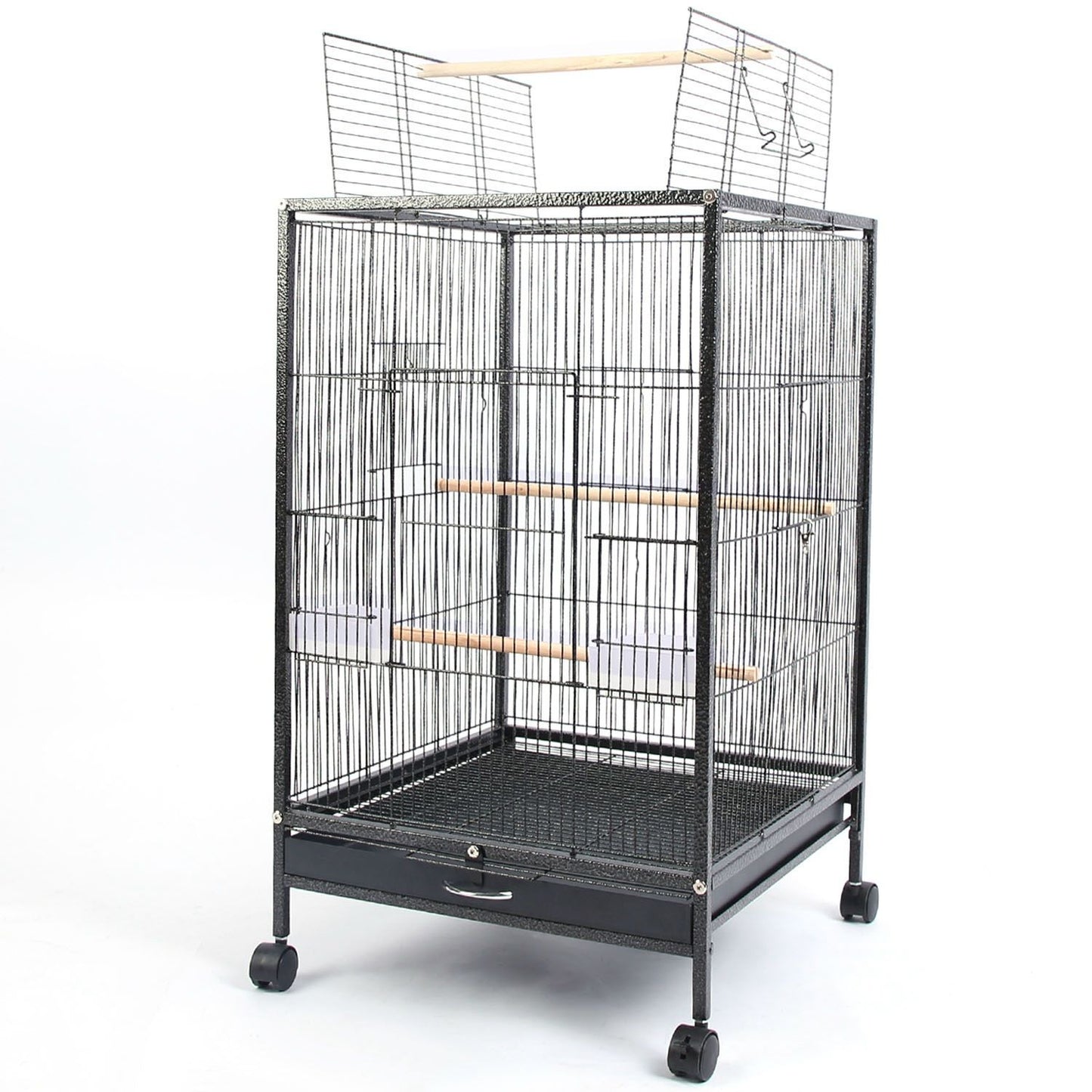 Empty black wrought-iron bird cage on rolling stand with raised top opening and wooden perches